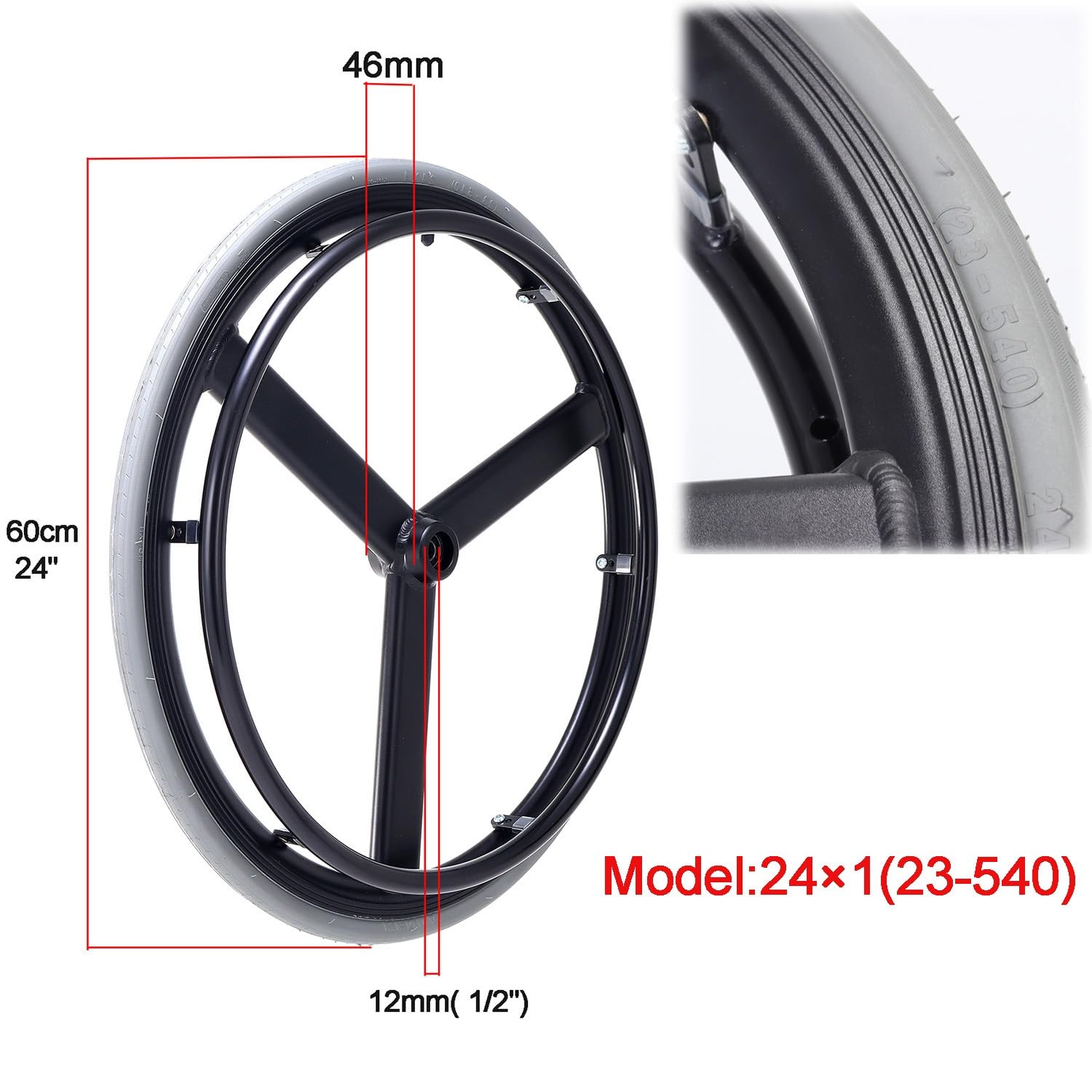 Rueda de Repuesto para Silla de Ruedas 24 x 1 (23-540),Rueda Neumática de Goma con Rodamiento de 1/2" (12 mm), Conjunto de Rueda Trasera de liberación rápida (2 Unidades)