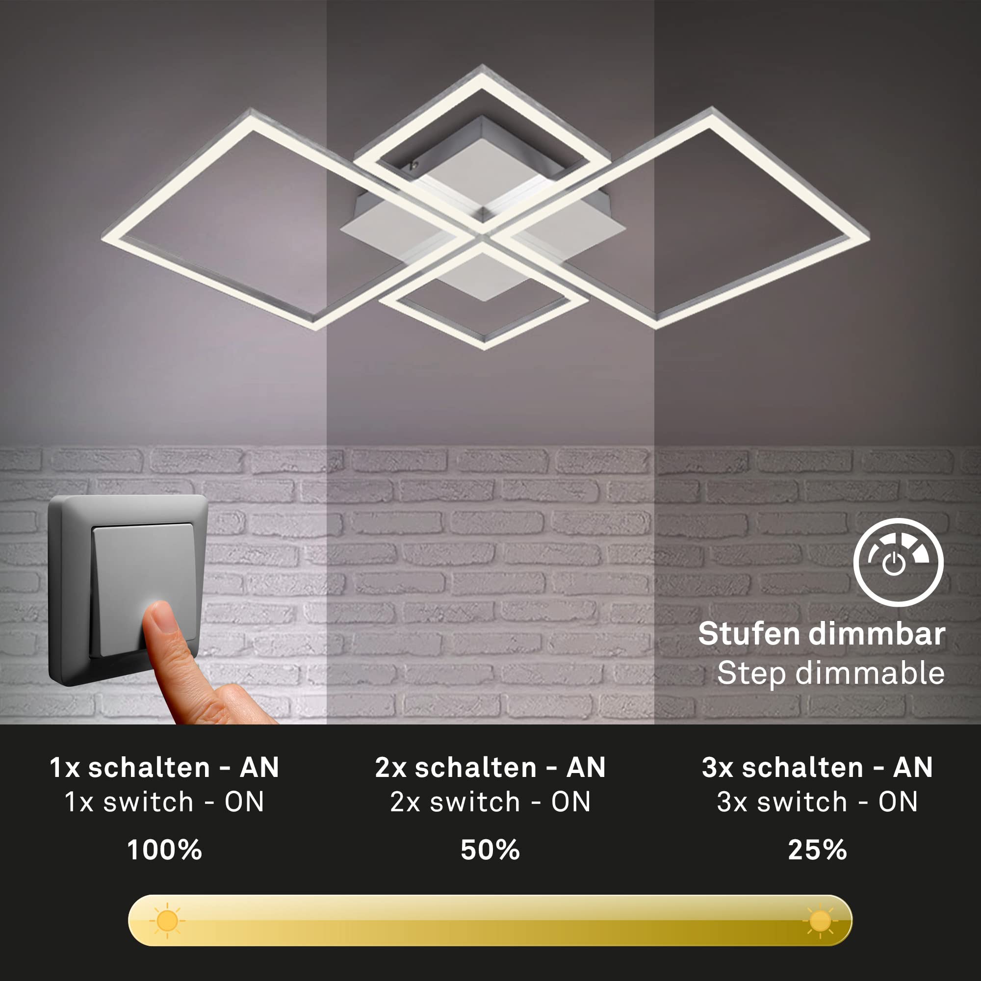 BRILONER Leuchten - Lámpara de Techo LED Giratoria, Luz de Techo Regulable, 48 Vatios, 4000 Lúmenes, 3000 Kelvin, Color Cromo Plateado
