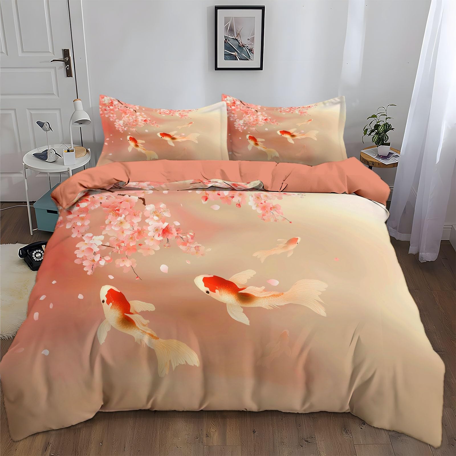Kirschbaumzweig mit Koi Karpfen Wendebettwäsche 200x200 cm in Korallenrosa, kuschelige Bettwäsche-Set 3-teilig, weich bügelfrei & allergikergeeignet, inkl. 2x Kissenbezug 80x80 cm mit Reißverschluss
