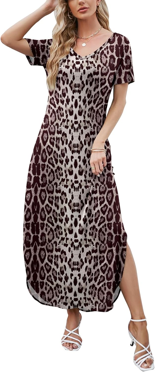 HUSKARY Women's Summer Maxi Dress Casual Loose Pockets Long Dress Short Sleeve Split Maxi Dresses - Image 3