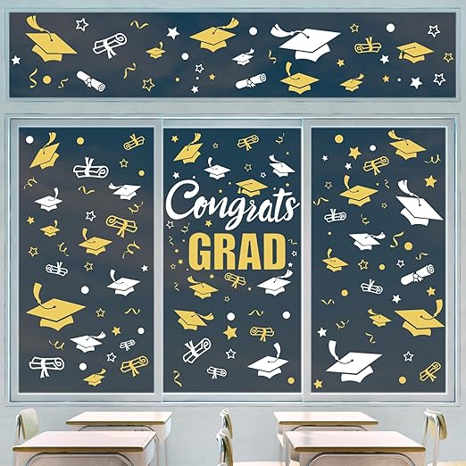 Whaline 9 Sheet 236Pcs Graduation Window Clings White Gold