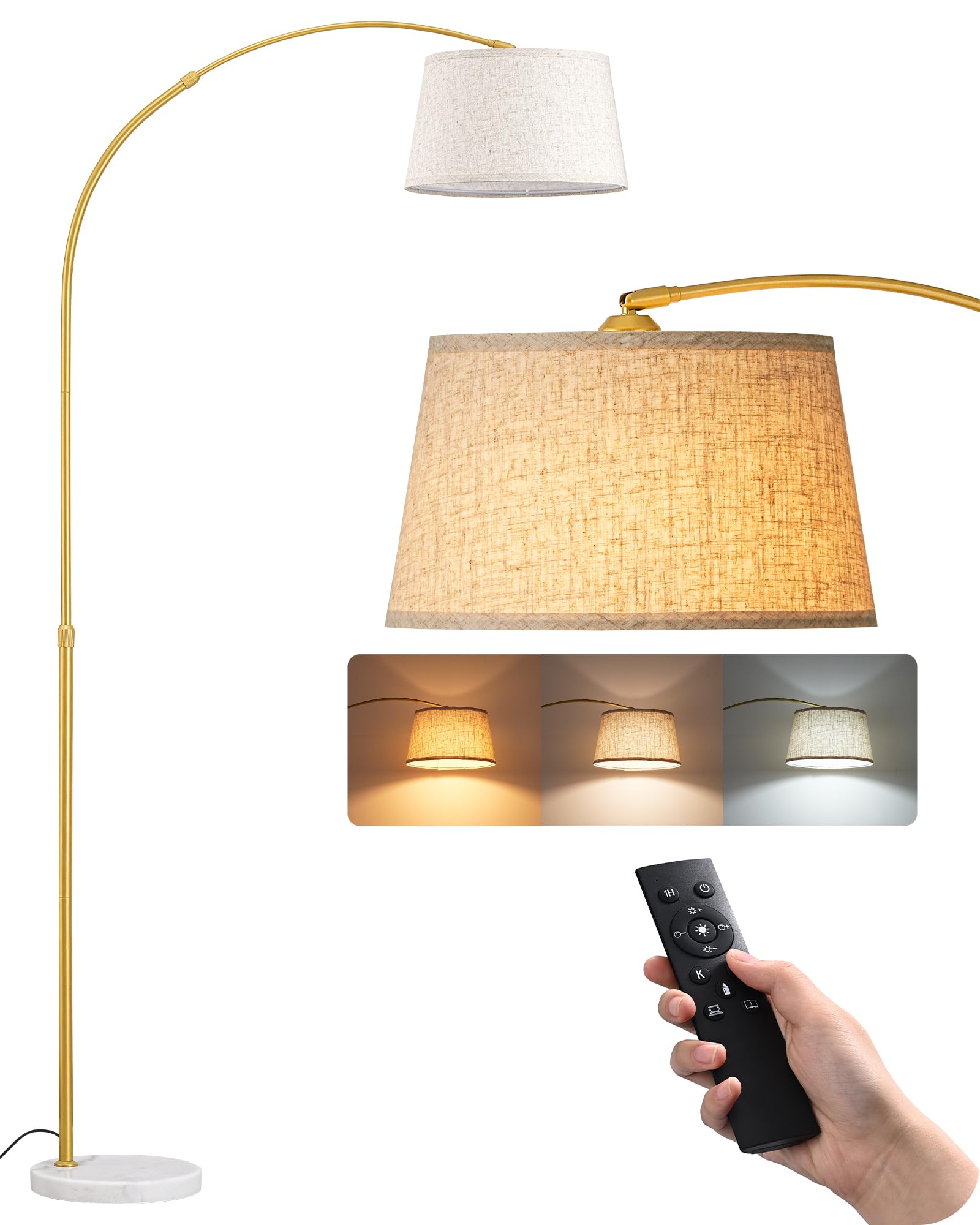 EDISHINE Lampada da Terra per Soggiorno, Altezza Regolabile 143-176 cm, Lampada ad Arco con Testa Rotante, Struttura in Metallo, Telecomando Magnetico, Dimmerabile, Attacco E27 con LED 9W Inclusa
