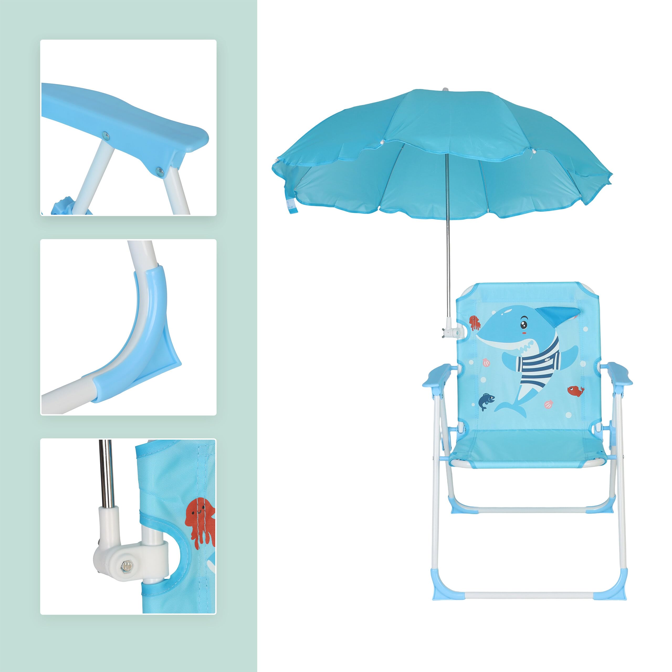 Relaxdays Silla Plegable Infantil con sombrilla, Motivo tiburón, 51,5x36x37,5 cm, Colorida para Exterior