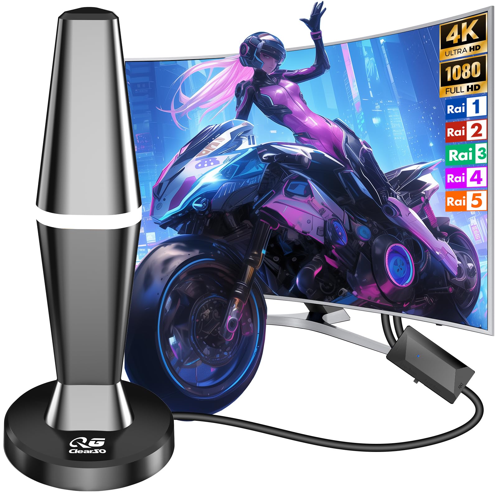 Antenna Tv Interna Amplificata Potente, 2026 Nuova Antenna Tv Interna, Antenna Digitale Terrestre con 500+ km Ricezione, Base Magnetica, Amplificatore di Segnale Compatibile con 4K/1080P e Tutti i TV