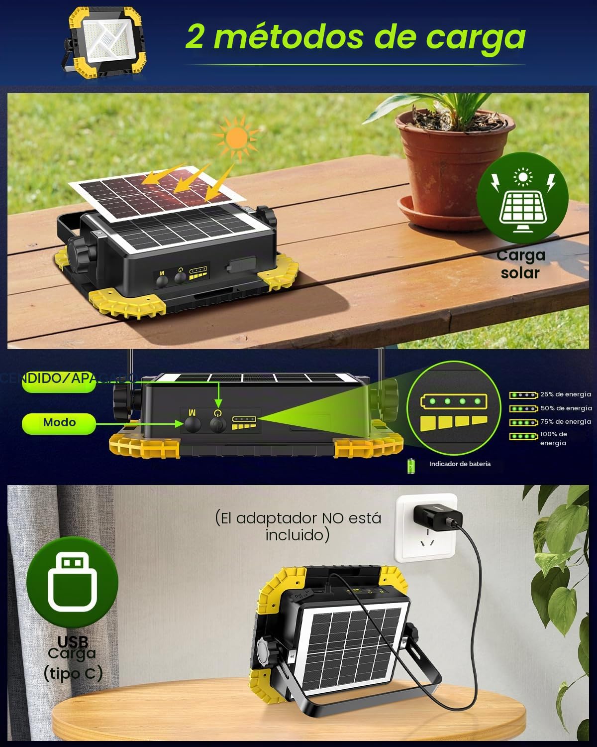 CLV Foco LED Recargable 200W 20000mAh Luz De Trabajo Portátil USB 4 Modos | 2 Brillo Luz Led Recargable Carga Solar USB Foco LED Bateria Magnética Impermeable IP66 Para Pesca Emergencias Taller