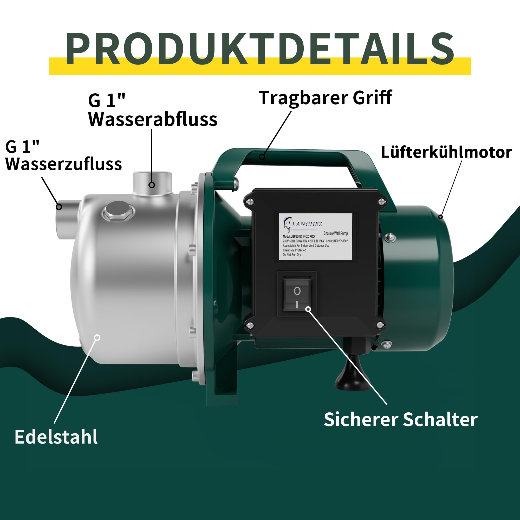 LANCHEZ Gartenpumpe 4200 l/h Fördermenge, Leistung 600 W, 38m Förderhöhe, Ansaughöhe bis zu 7 m, Wasserpumpe für Regenfässer, Zisternen, Gartenteiche