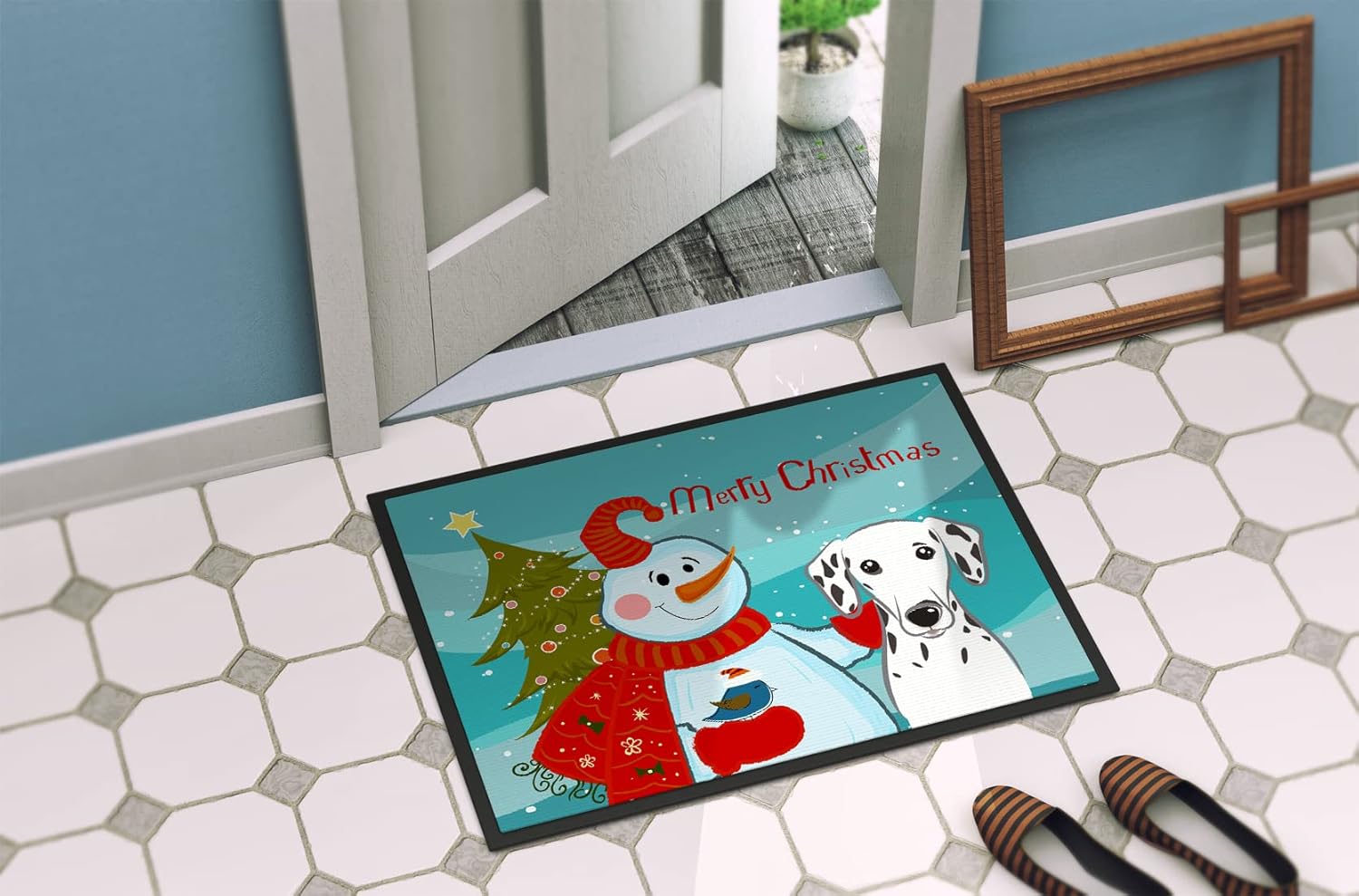 Caroline's Treasures BB1830MAT Snowman with Dalmatian Doormat 18x27 Front Door Mat Indoor Outdoor Rugs for Entryway, Non Slip Washable Low Pile, 18H X 27W