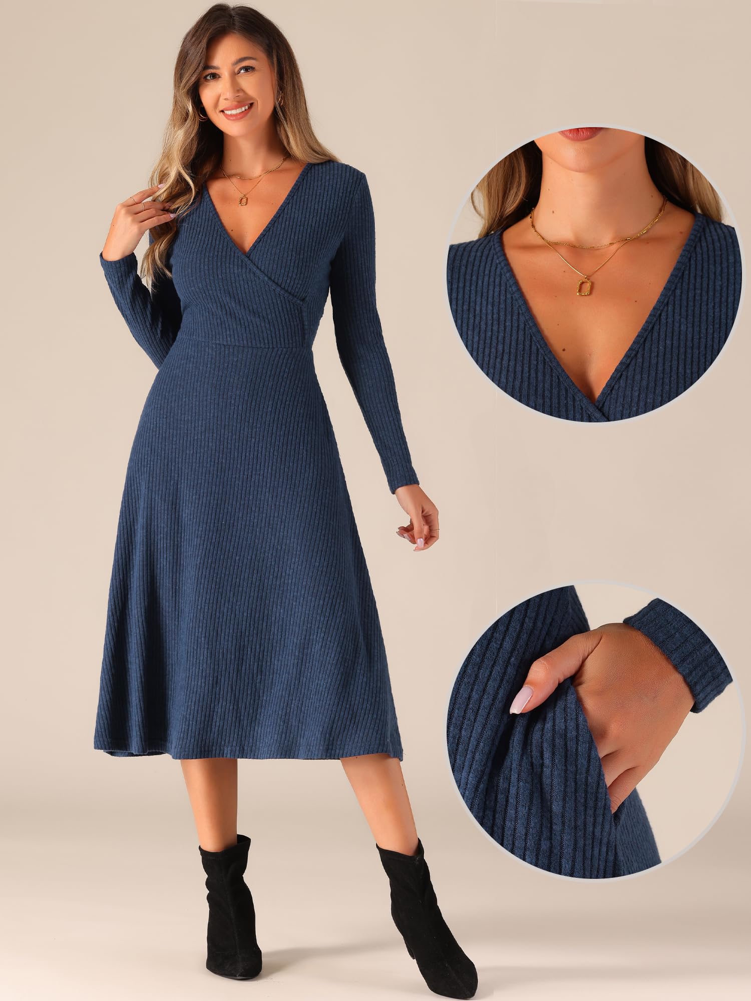 Allegra K Robes en Tricot Femme Col en V Robe d'hiver Chaud à Manches Longues Robe Mi-Longue Trapèze Côtelée