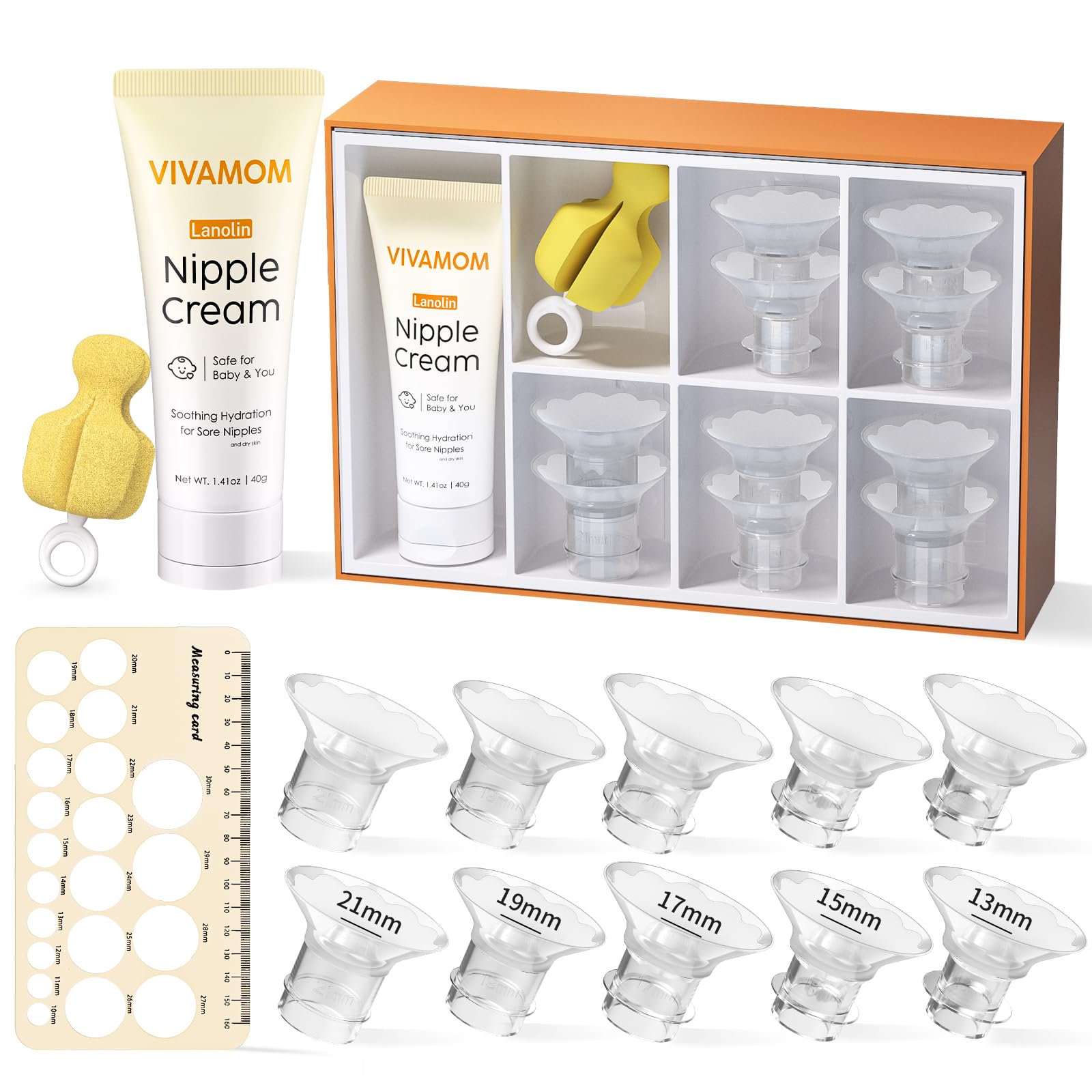 Flange Sizing Kit with Flange Inserts 10PCS & Lanolin Nipple Cream & Nipple Ruler, Silicone Breast Pump Flange Insert for Comfortable Pumping, 13/15/