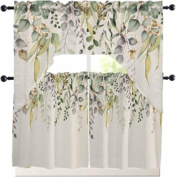 Eucalyptus Leaves Swag Kitchen Curtain Sets with Valance, 3 Pieces Green Summer Botanical Rustic Curtain Drapes Rod Pocket for Bedroom Living Room Bathroom Cafe Windows, 56"x36" & 24"x27.5"x2Panels