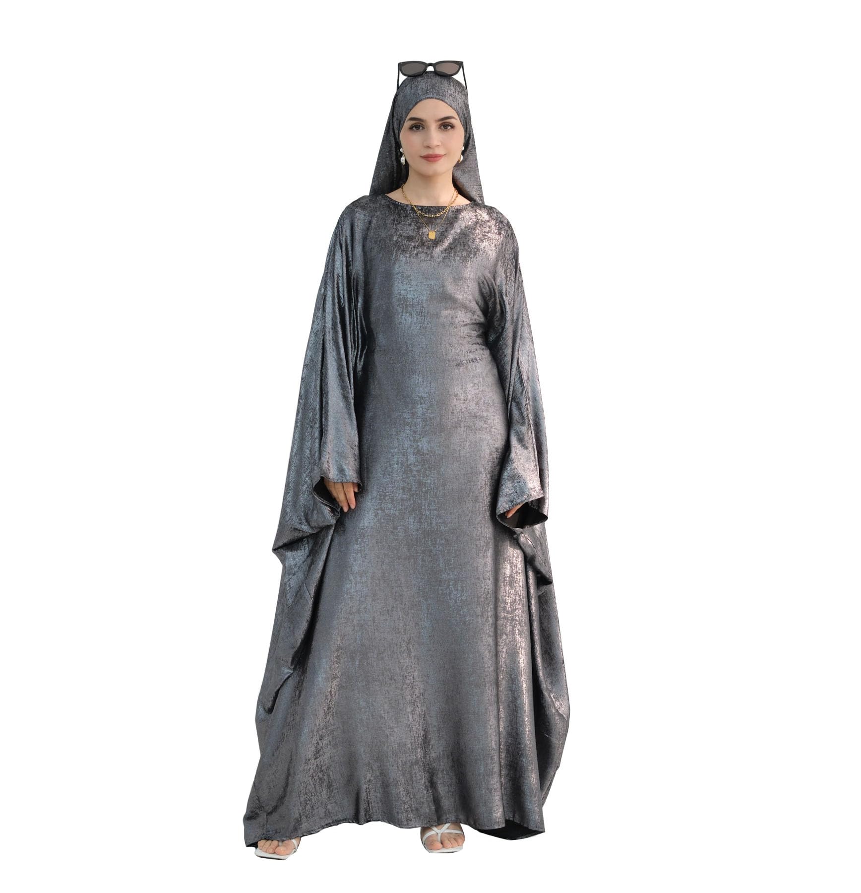 Prlemend Women Prayer Abaya Dubai Bat Sleeve Dress Islamic Printed Long Robe with Belt