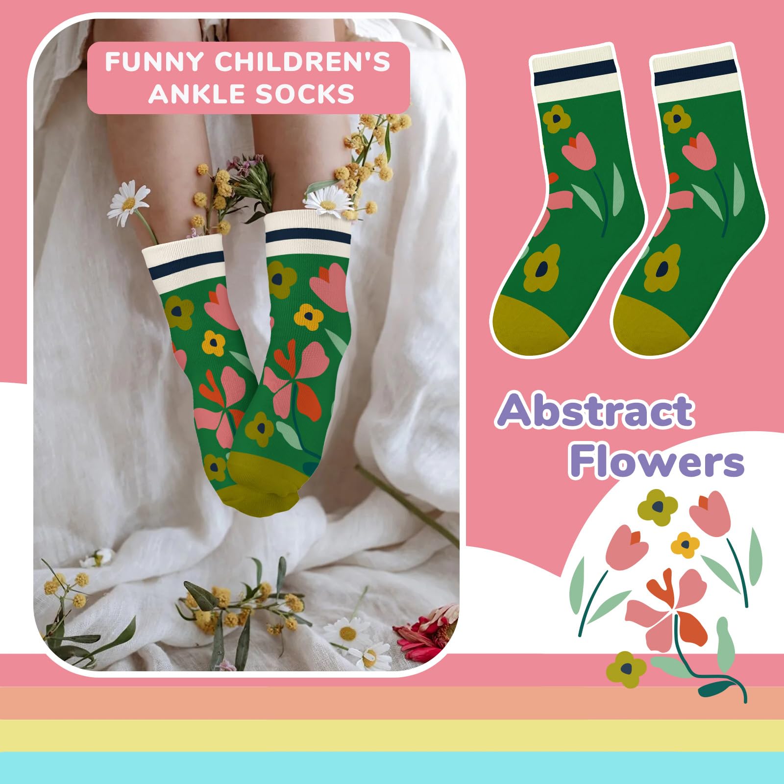 Schulkind Socken Mädchen Kinder Bunte Lustige Cartoon-Blumen Motiv Neuheit Niedlich Crew-Socken 6 Paar Geschenke 3-14 Jahre Größe 25-38 Atmungsaktiv Weich