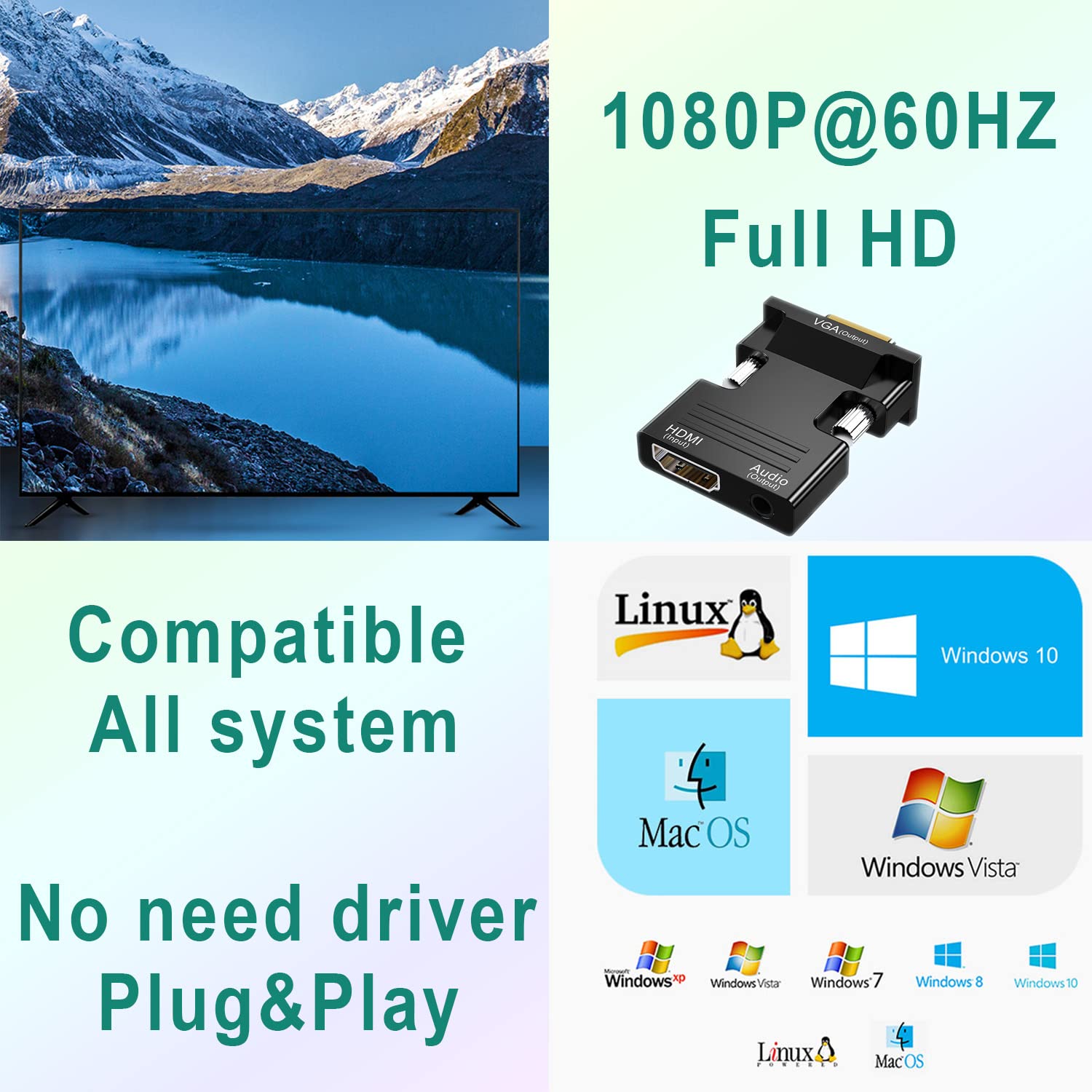 Adaptateur HDMI vers VGA 1080P 60Hz Audio Vidéo pour TV Box HDTV Moniteur PC