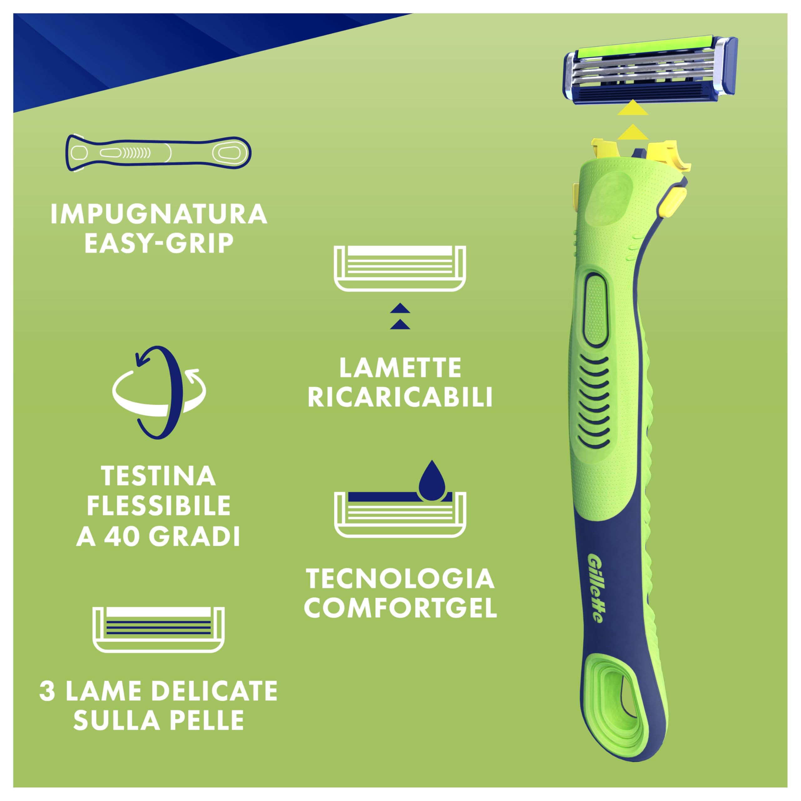 Gillette Sensor 3+ Sensitive Rasoio Da Uomo Con Testina Oscillante A 40° E 3 Lame Delicate Sulla Pelle, 1 Manico Ergonomico + 9 Lamette Di Ricambio