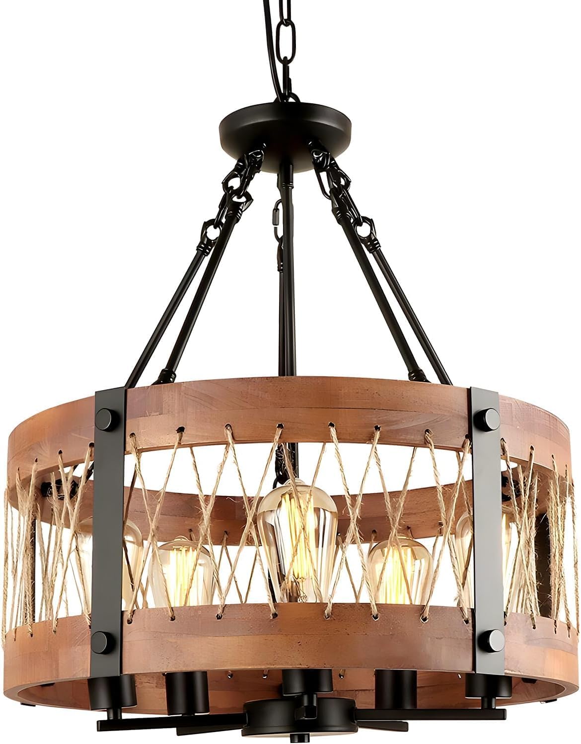 Shine Decor 5-Light Farmhouse Chandelier for Dining Room, 83.5" Height Adjustable Wood Drum Chandelier, French Country Rustic Chandelier with Hemp Rope for Kitchen Foyer Living Room Entryway