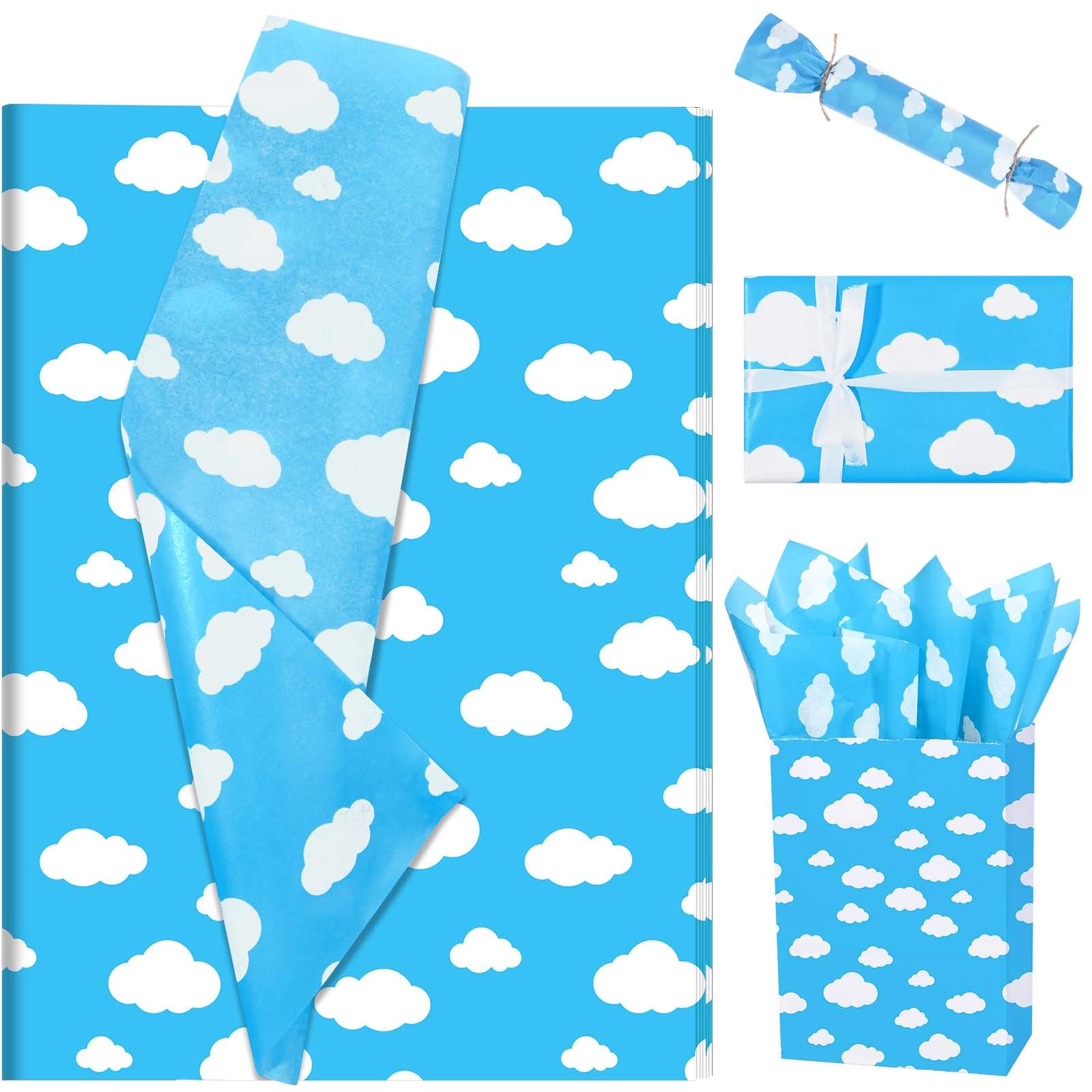 100Pcs Blue Sky White Clouds Tissue Paper for Gift Wrapping Blue White Patterned Tissue Paper for Gift Bags for Cartoon Themed Birthday Party Baby Shower DIY Craft, 20 × 14 Inches