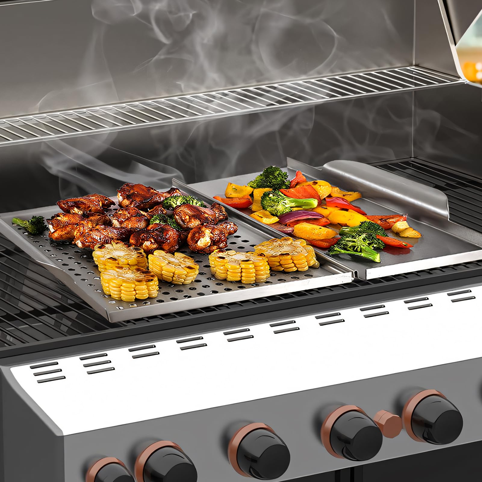 ACAREY Bandeja de barbacoa 2 en 1 de acero inoxidable, reutilizable, para barbacoa, camping y cocina, para barbacoa de gas y barbacoas de carbón, 45 x 30,7 cm