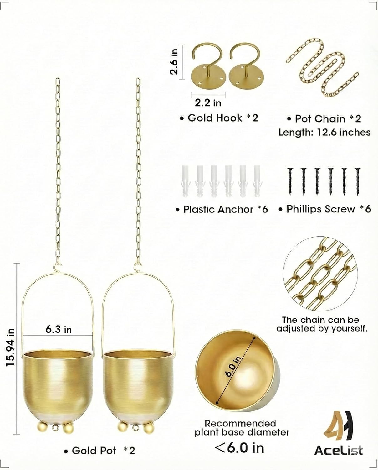 AceList Boho Hanging Planter,6.3 inch Set of 2 Gold Metal Plant Hanger with Hooks and Chains, Modern Wall & Ceiling Planters Outdoor/Indoor Hanging Planter for Window, Porch, Balcony and Home Décor