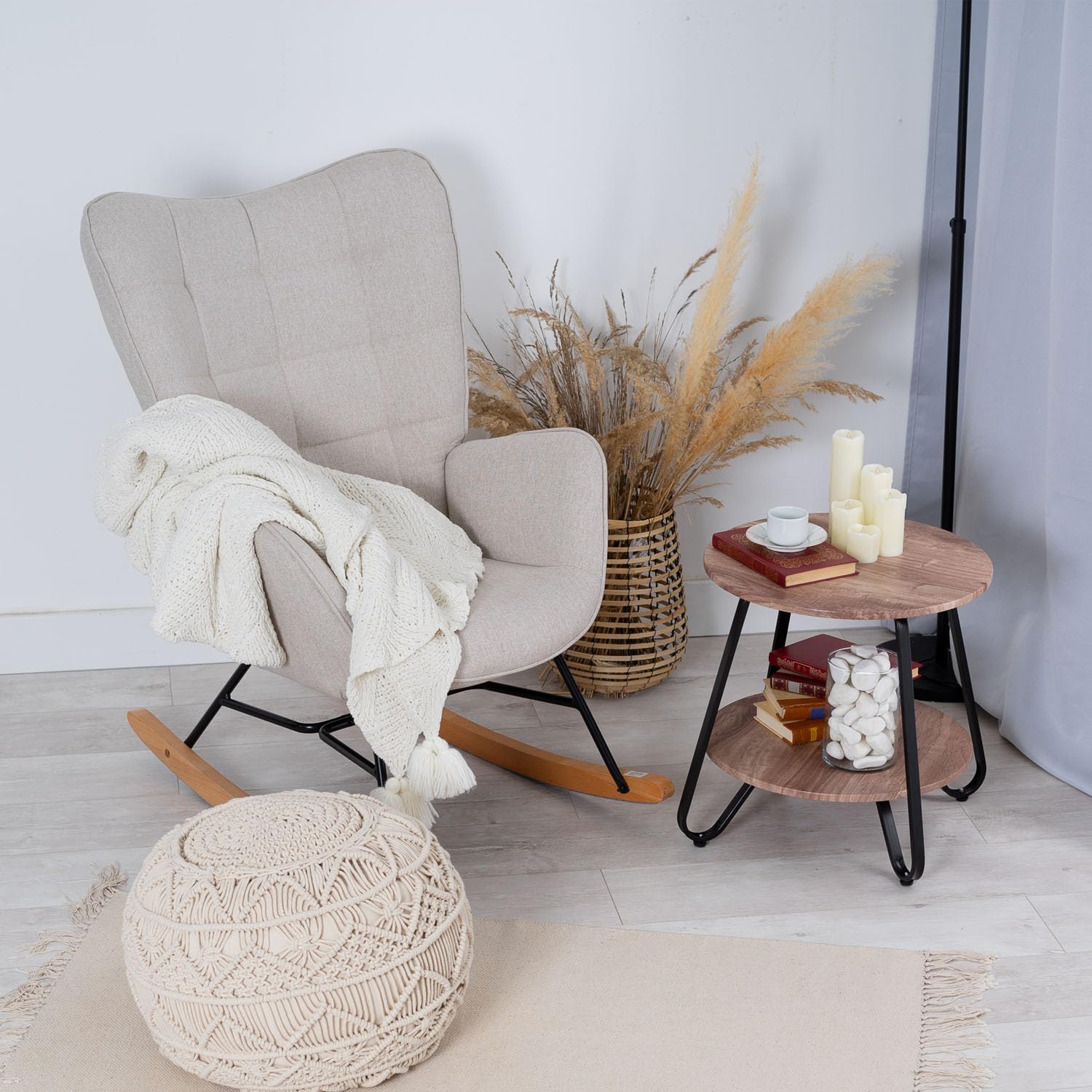 MEUBLE COSY Sedia a Dondolo Poltrona Imbottita Relax con Braccioli Schienale Alto per Soggiorno Cameretta in Tessuto con Gambe in Legno