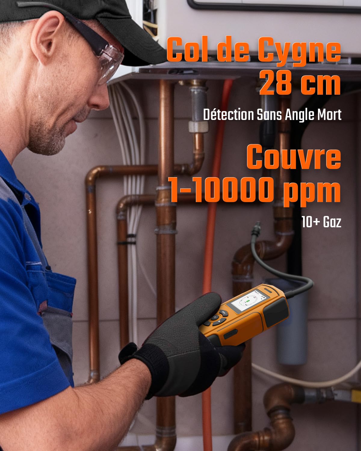 TopTes Détecteur de Gaz Rechargeable PT-990 avec Une Sonde de 28 cm, Plage 0–10 000 ppm, Enregistrement des données et 3 Types d’Alarme, Détecteur de Fuite de Gaz pour Propane, méthane - Orange