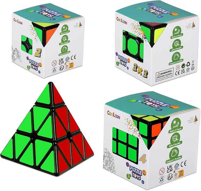Coolzon Magic Cube Set, 4 Pack Speed Magic Cube Set 2x2 3x3 4x4 Pyraminx Triangle, Easy Turning 3D Puzzle Cube Games Toy Gift Christmas Stocking Fillers for Kids Boys Present Adults