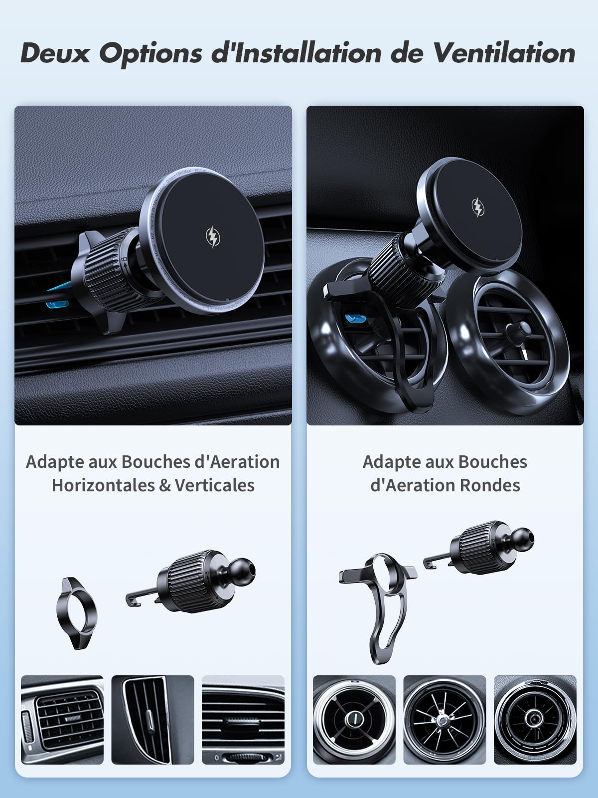 Support Telephone Voiture Induction, Auto-Align Support Voiture Pour MagSafe, Pince Vent Ultra Stable & Charge Rapide, Compatible avec Les Séries iPhone 17/16/15 Chargeur Voiture, QC 3.0 Inclus