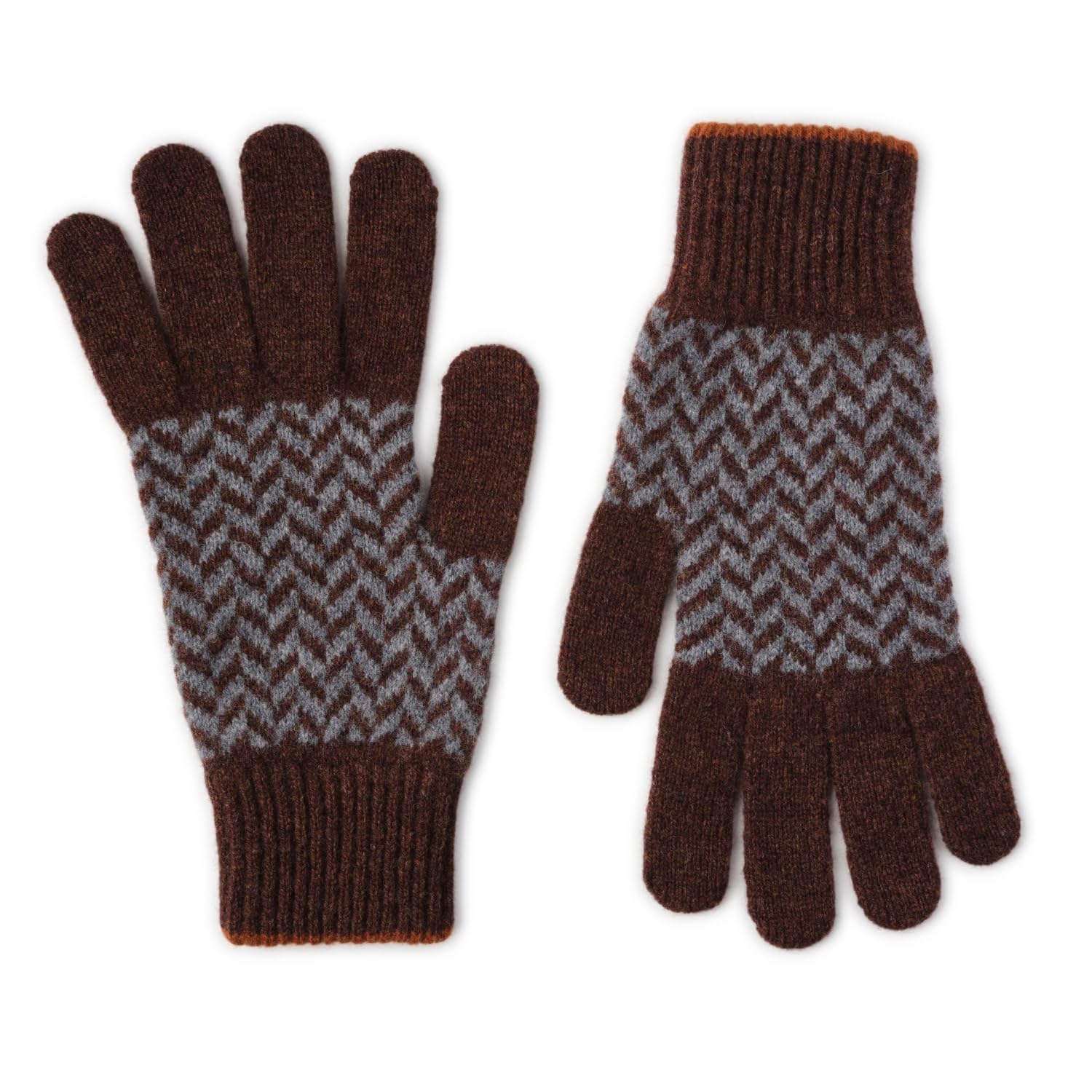 The Cashmere Choice Men's 2401 Brown Herringbone Patterned Lambswool Gloves - Nairn (2401 Brown)