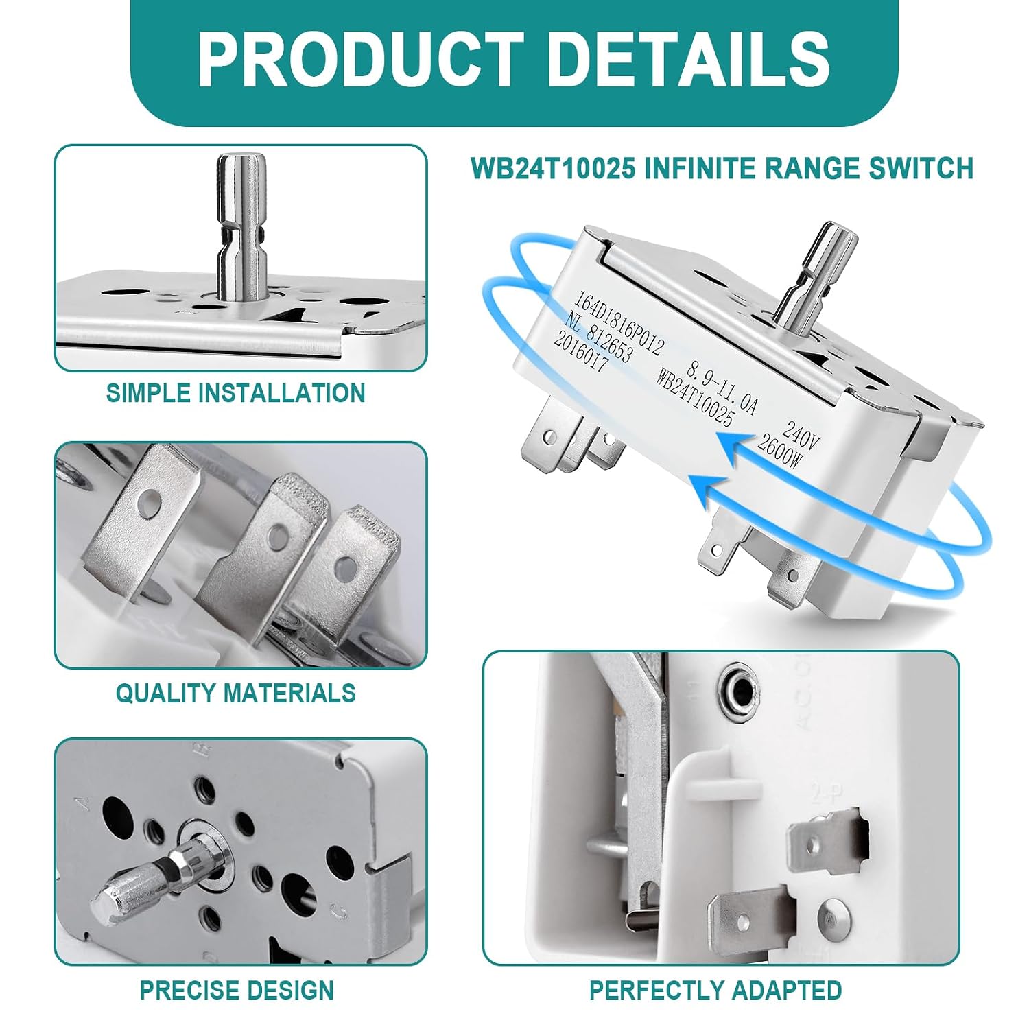 WB24T10025 Infinite Range Control Switch for GE Electric Range Stove, 8 Inch Surface Burner, Replacement for AH236750, EA236750, AP2024072, 769692, PS236750