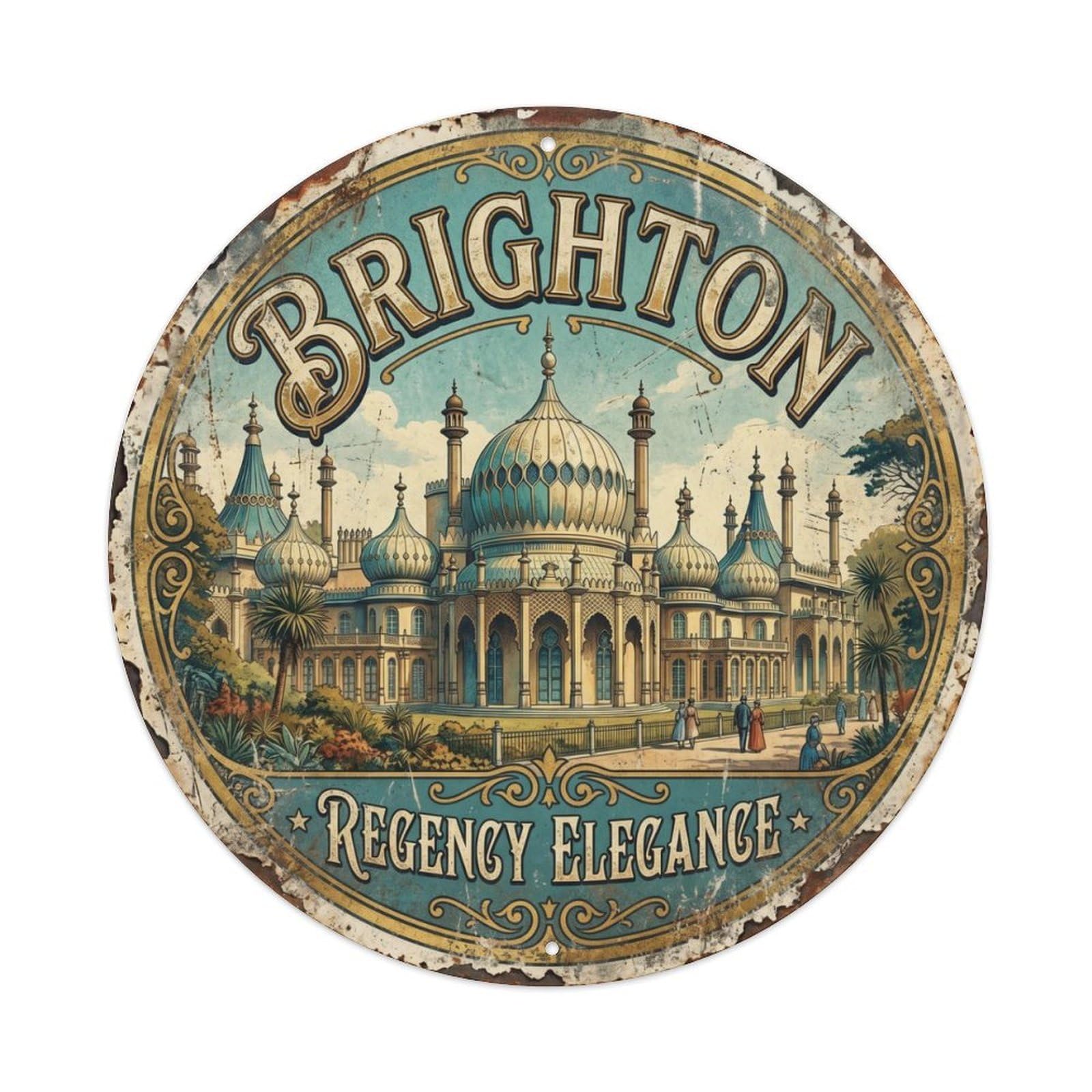 Vintage Travel Brighton Pavilion Royal Metal Tin Sign Plaque Wall Decor for Cafe, Club Bar, Office, Home Garden Round Metal Poster 8x8Inch