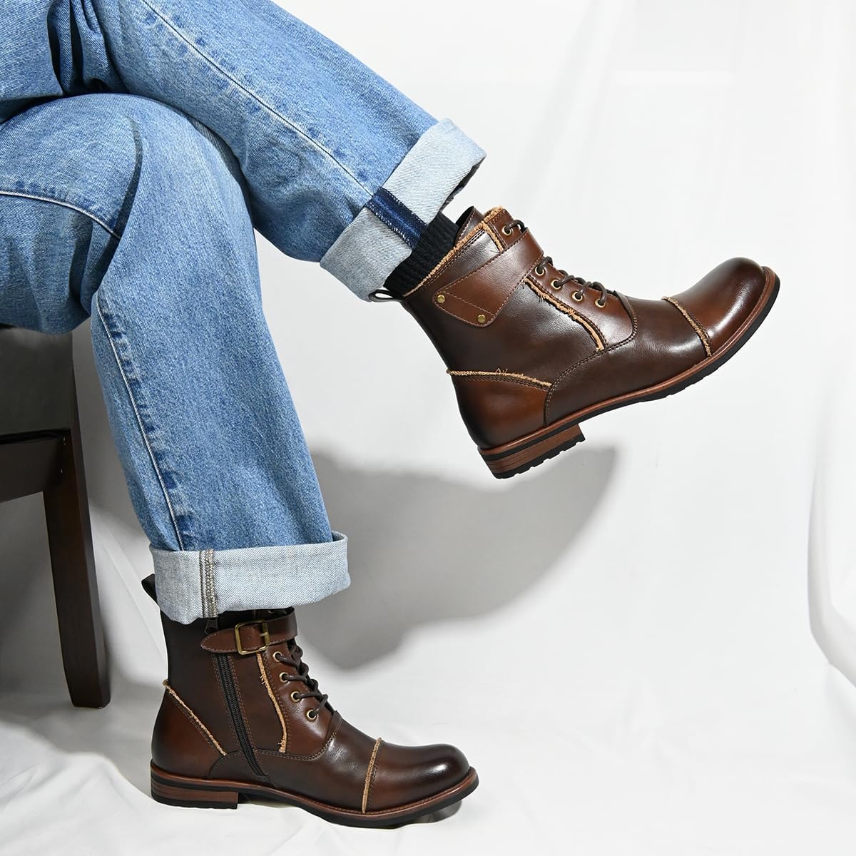 Mens Boots Motorcycle Casual Boots for Men Lace-up Ankle Dress Boots Zipper Biker Boot