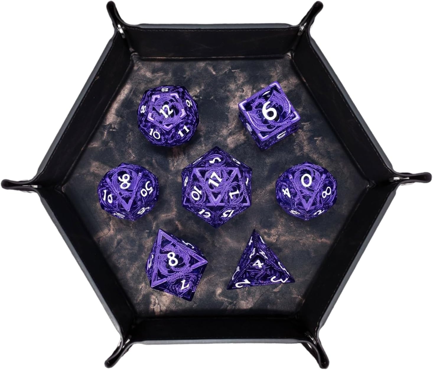 7piece Set of Dragon Metal Dice, Hollow Metal Polyhedron Dice, Compatible with Role-Playing RPG Board Game Card Game(Gold)