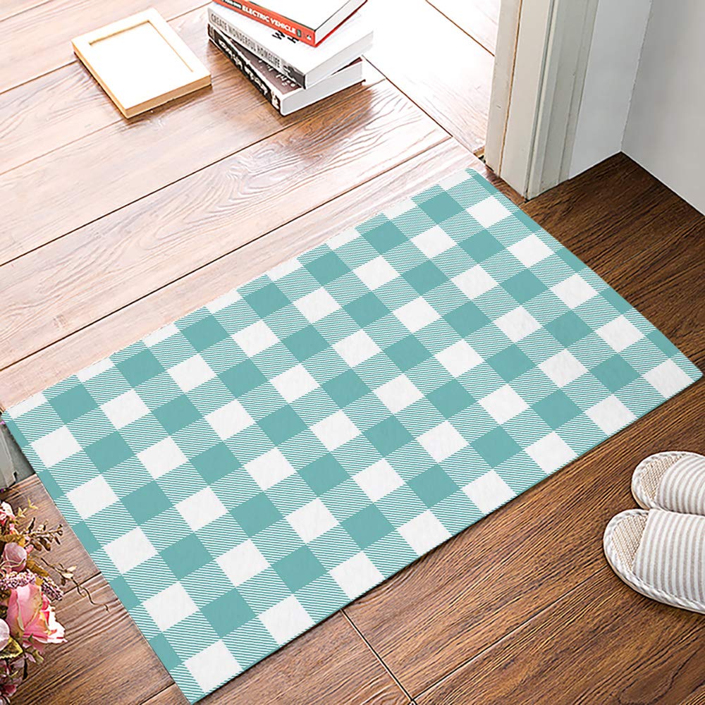 Buffalo Plaid Checkered Teal Green and White Durable Doormat Indoor Outdoor Entrance Door Mat Bath Rug Decorative Patio Garage Garden Kitchen Door