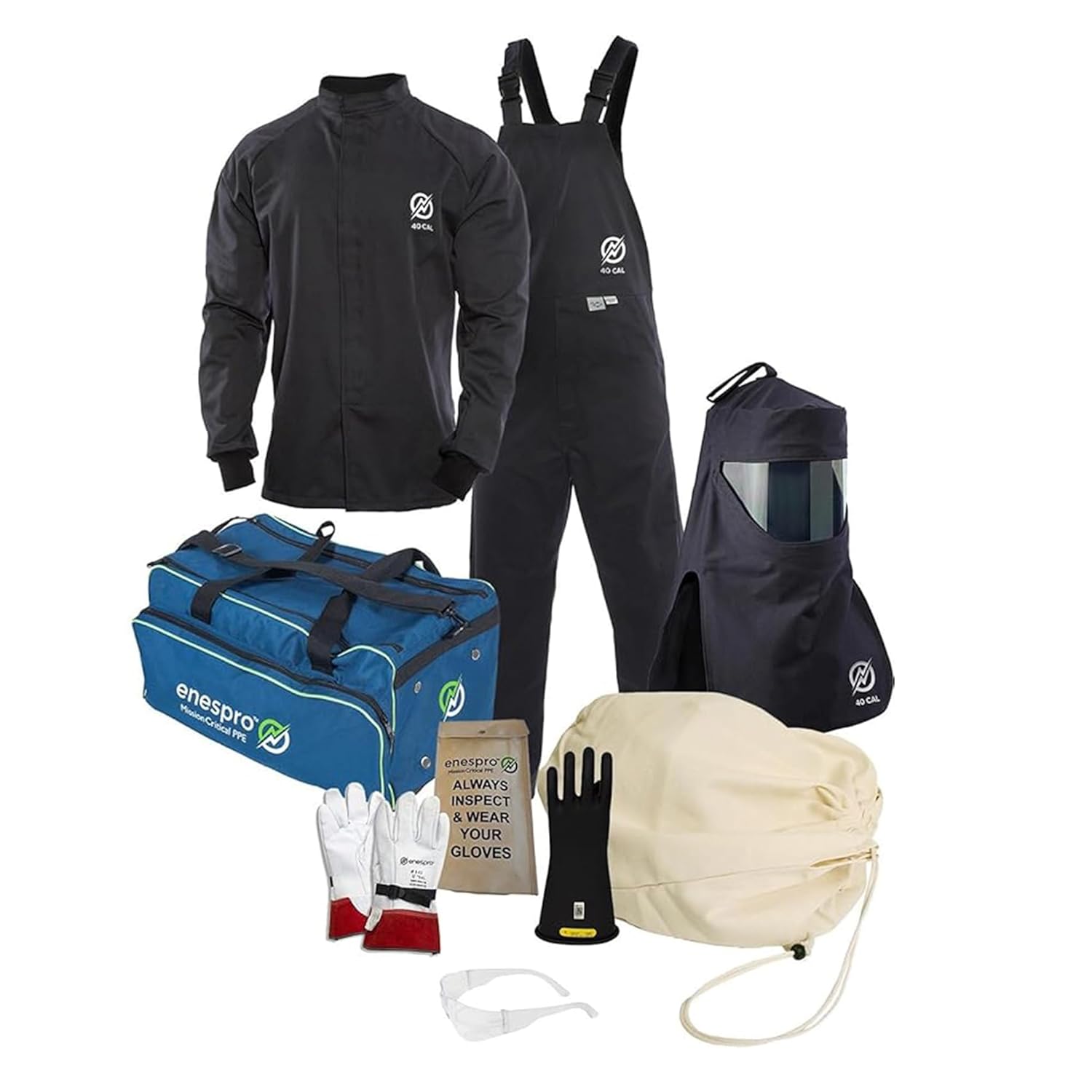 Enespro 40 Cal Arc Flash Kit, CAT 4 Safe, Electrical PPE Kit with Arc Flash Face Shield, FR Overalls, Bib, Jacket & Rubber Insulated Gloves, Safety Overalls for Electrical and Safety Workers, Large