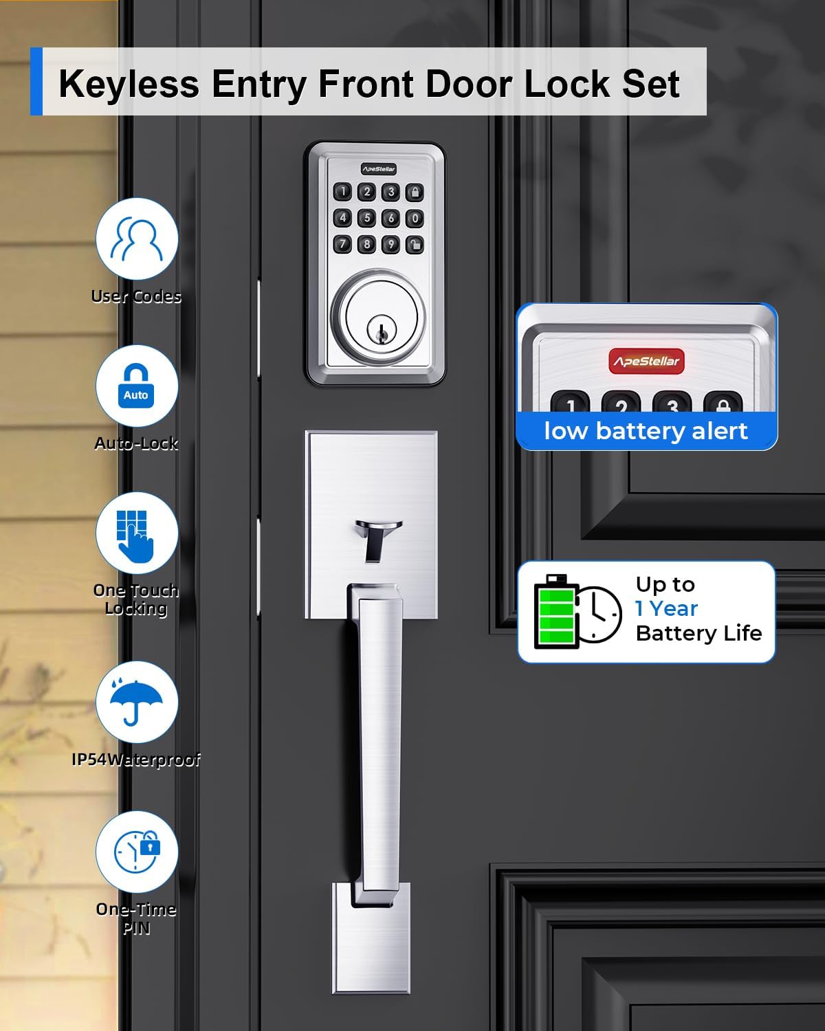 Keyless Entry Door Lock Deadbolt with Handle Set - Front Door Lock Set- Electronic Keypad Deadbolt - Smart Lock -Easy Installation - Satin Nickel