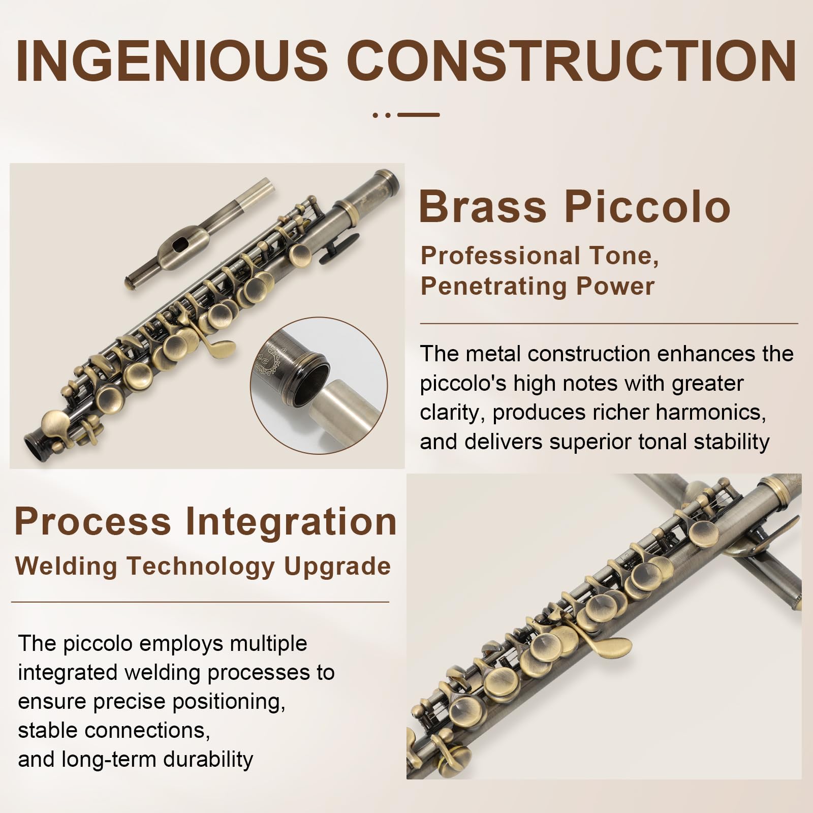 Kmise Foro Chiuso C Piccolo, Corpo Professionale Nichel Argento con Finitura Bronzo, Include Gig Bag, Manuale e Kit di Pulizia per Principianti e Bande scolastiche (Bronzo)