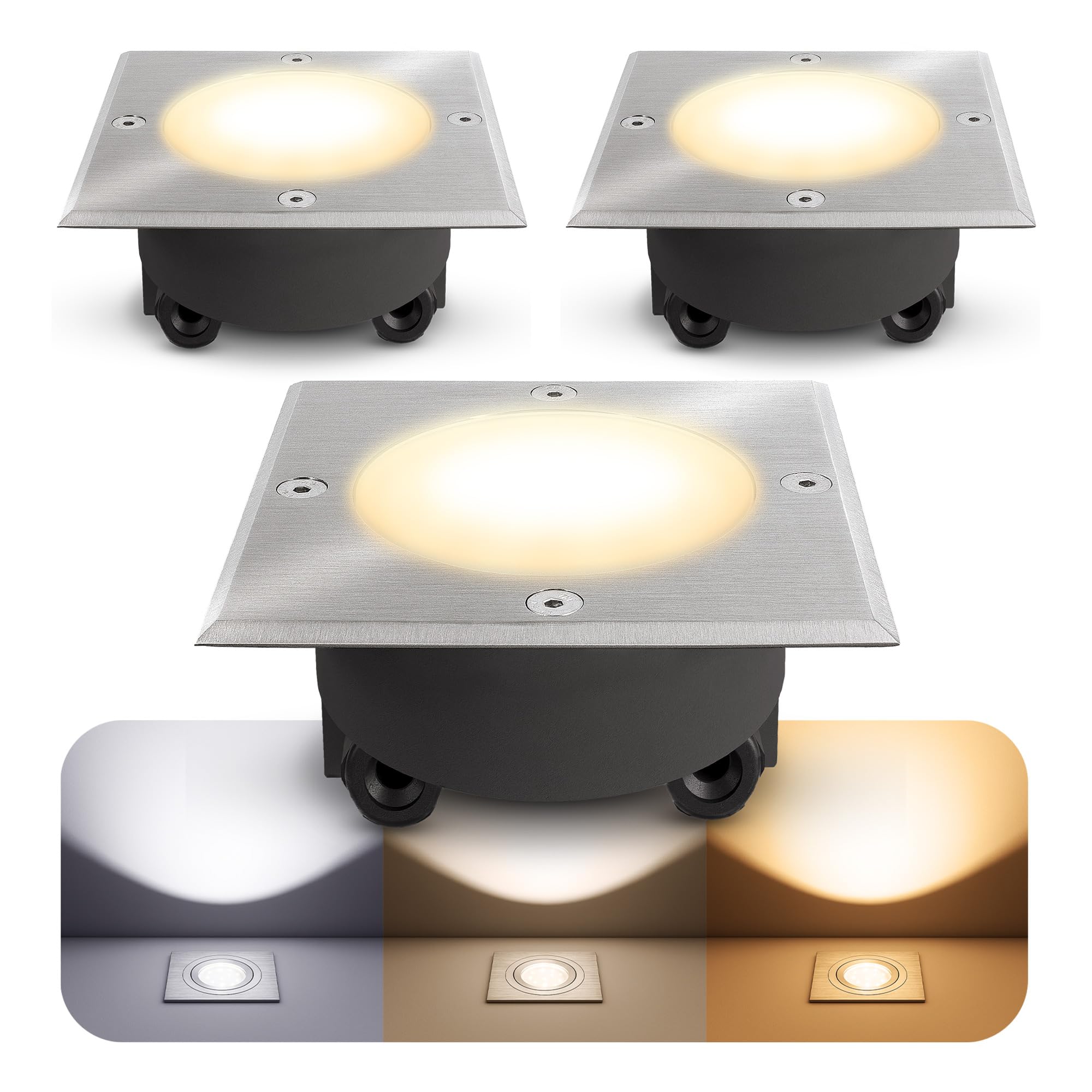 SSC-LUXon VIROK Bodeneinbaustrahler 3er eckig IP67 GX53 6W 3 Lichtfarben | Drei dimmbare Bodenspots eckig IP67 für Garten, Terrasse & Einfahrt - warm / neutral / kalt, befahrbar bis 2t, Wechselglas