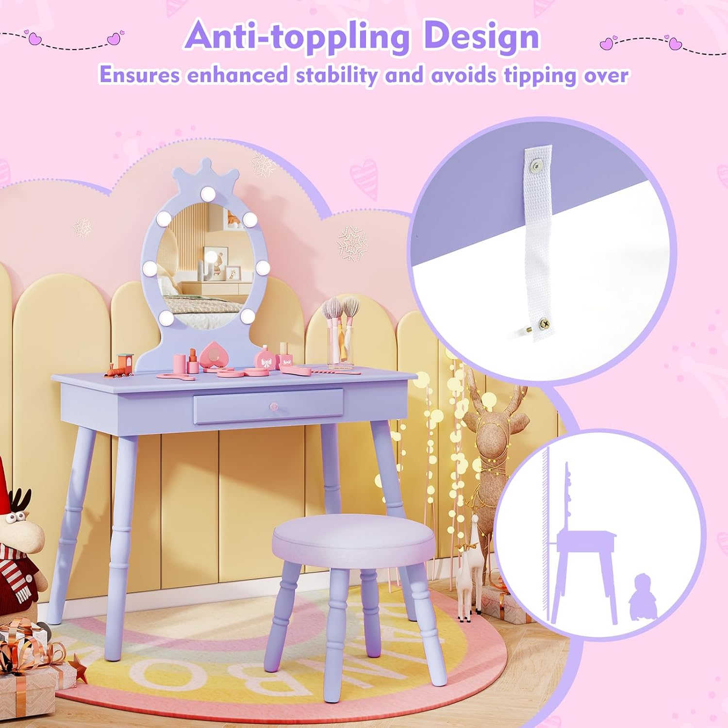 GLACER Kids Vanity with Lights, 2 in 1 Wooden Princess Makeup Vanity Desk with 3-Color Adjustable LED Lights, Storage Drawer, Anti-Toppling Device, Toddler Vanity Table and Chair Set (Violet)