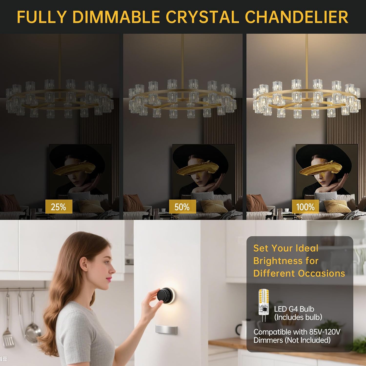 32-Lights Crystal Chandelier | Dia 33 Inch Round Chandeliers for Dining Room Over Table | Gold Dining Room Light Fixture Apply to Living Room | Foyer | Entryway | 32 X G4 Bulbs (Included)