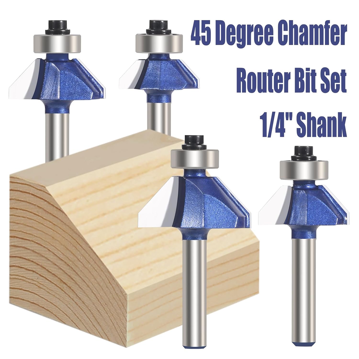 4PCS 45 Degree Chamfer Router Bit Set, 1/4'' Shank Carbide Edge Bevel Forming Milling Cutter, DIYer Tool for Woodworking, Wood Profiling, Edging (1/4", 5/16", 3/8",1/2" Bevel Length)