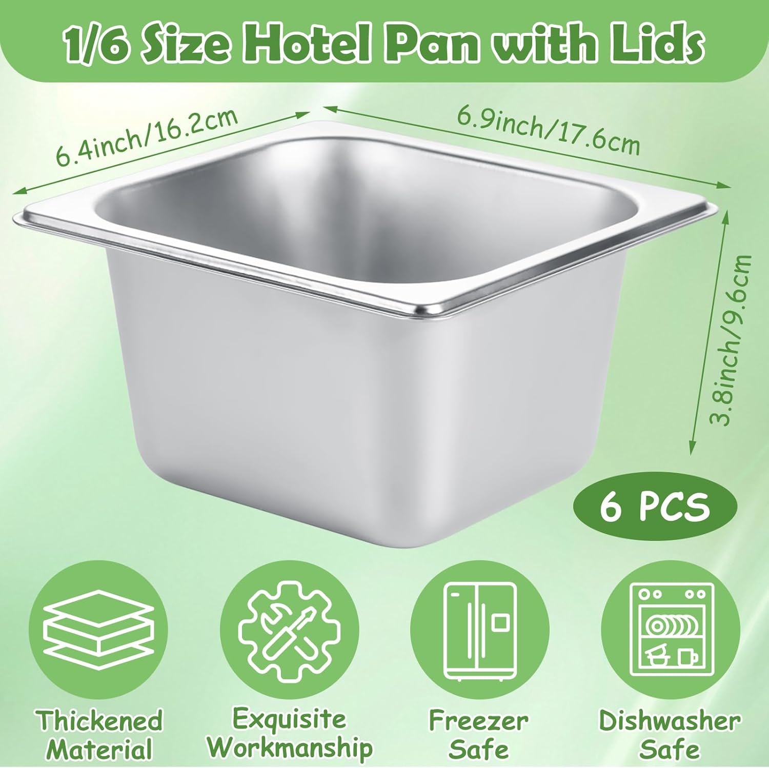 6 Set Stainless Steel Hotel Pans 1/6 Size 4 Inch Deep with Lids Steam Table Pans with Lids 4 Inch Deep 1/6 Size Stainless Steel Restaurant Pan Metal Food Pan with Lid for Hotel, Buffet, Home