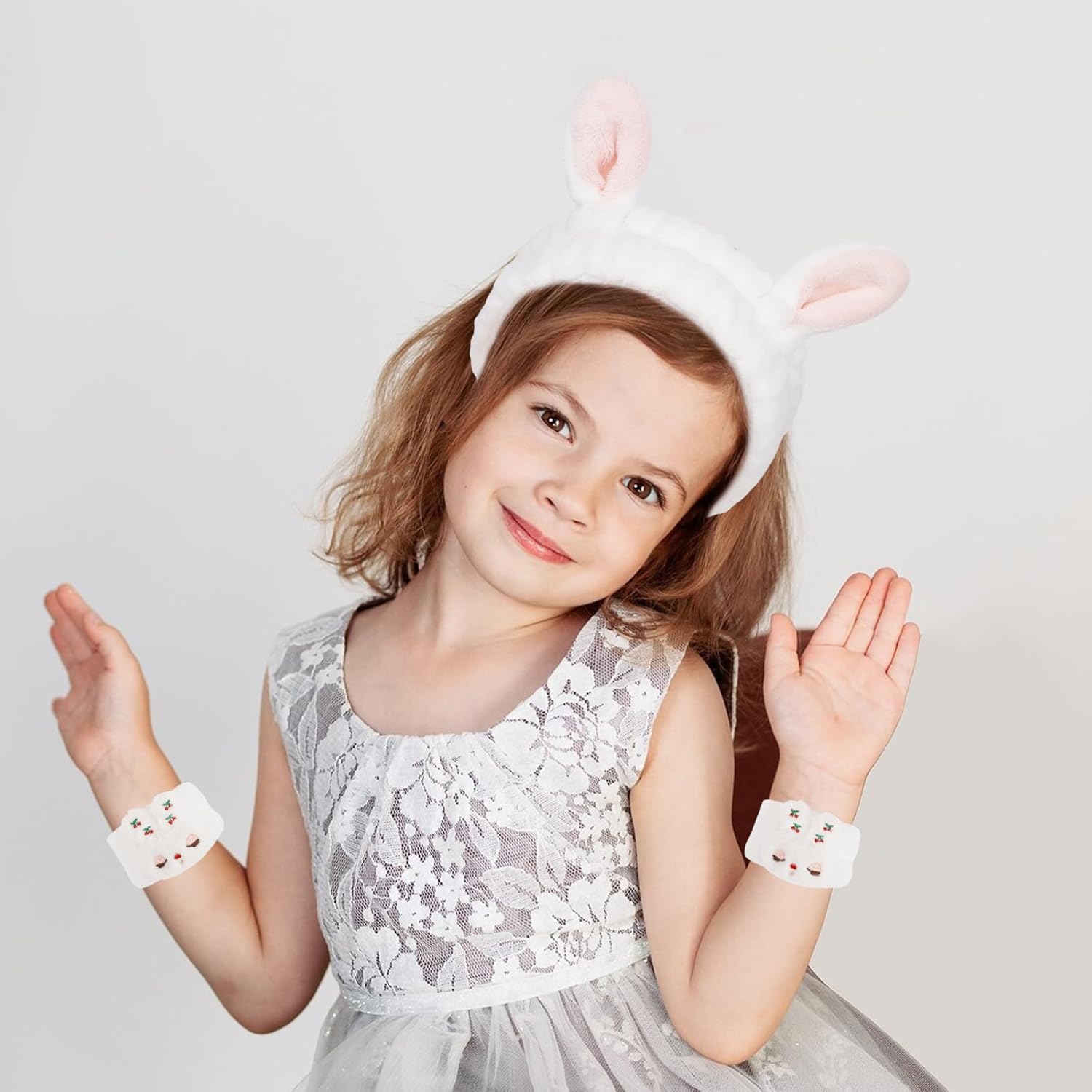 YISSION 6Pcs Face Wash Headbands and Wristbands Set Bunny Ears Headbands Spa Headband Makeup Headband Skincare Headbands with Wristbands for Women Girls Washing Face(White Pink) - Image 5