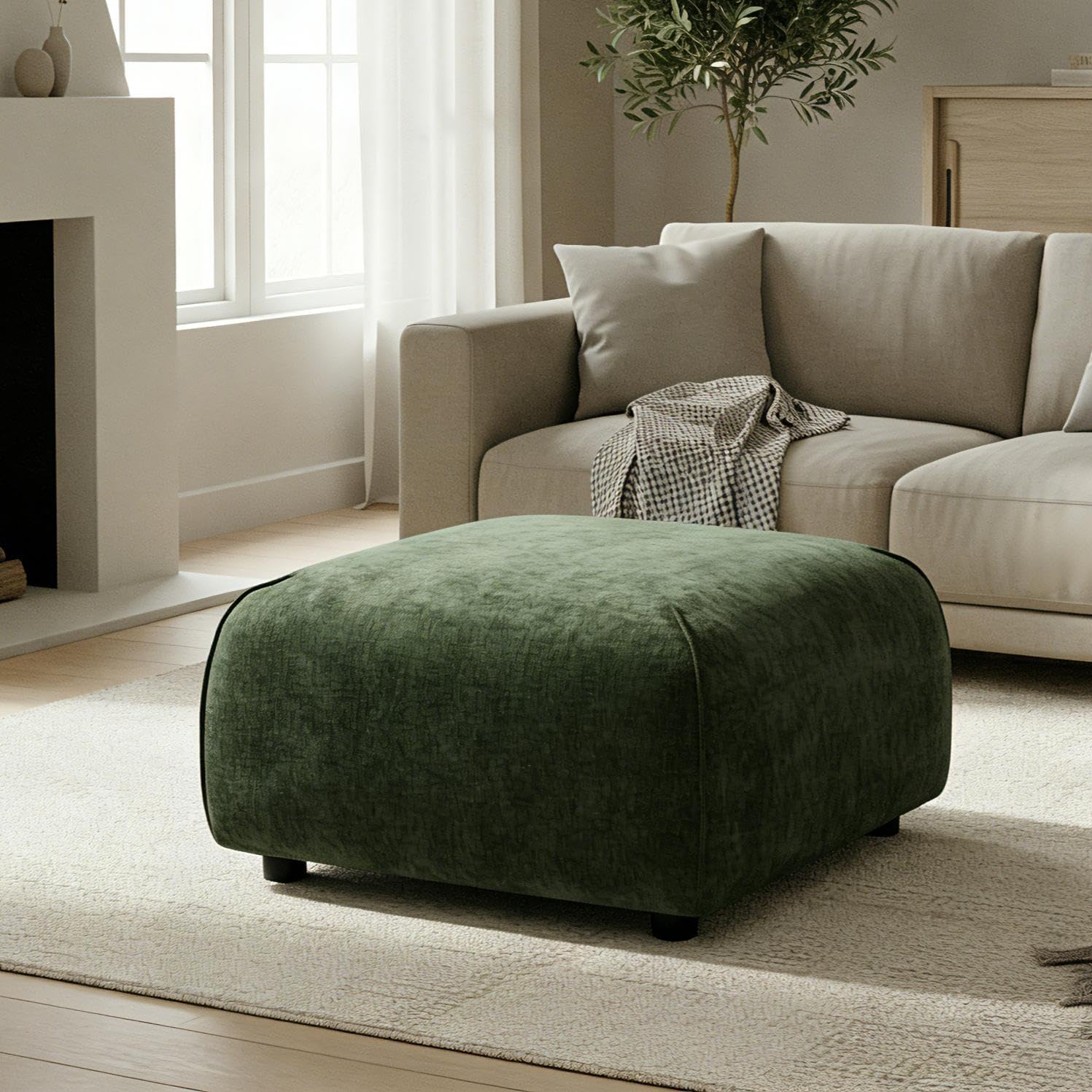 Christopher Knight Home Carim Upholstered Square Ottoman Coffee Table, Foot Stools Ottoman with Wood Frame, Comfy Seating Experience with Dense Foam Padding, Multi-Functional Extra Seating, Green