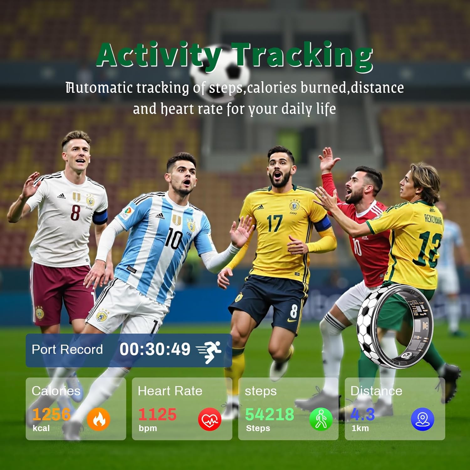 Soccer Pattern Smart Ring for Men Women, Fitness Tracker Ring– HR, SpO2, Sleep Monitor Step Calorie Distance, Vibration, Waterproof Fitness Ring, Soccer Gifts for Soccer Fan–No APP Fee (8#)