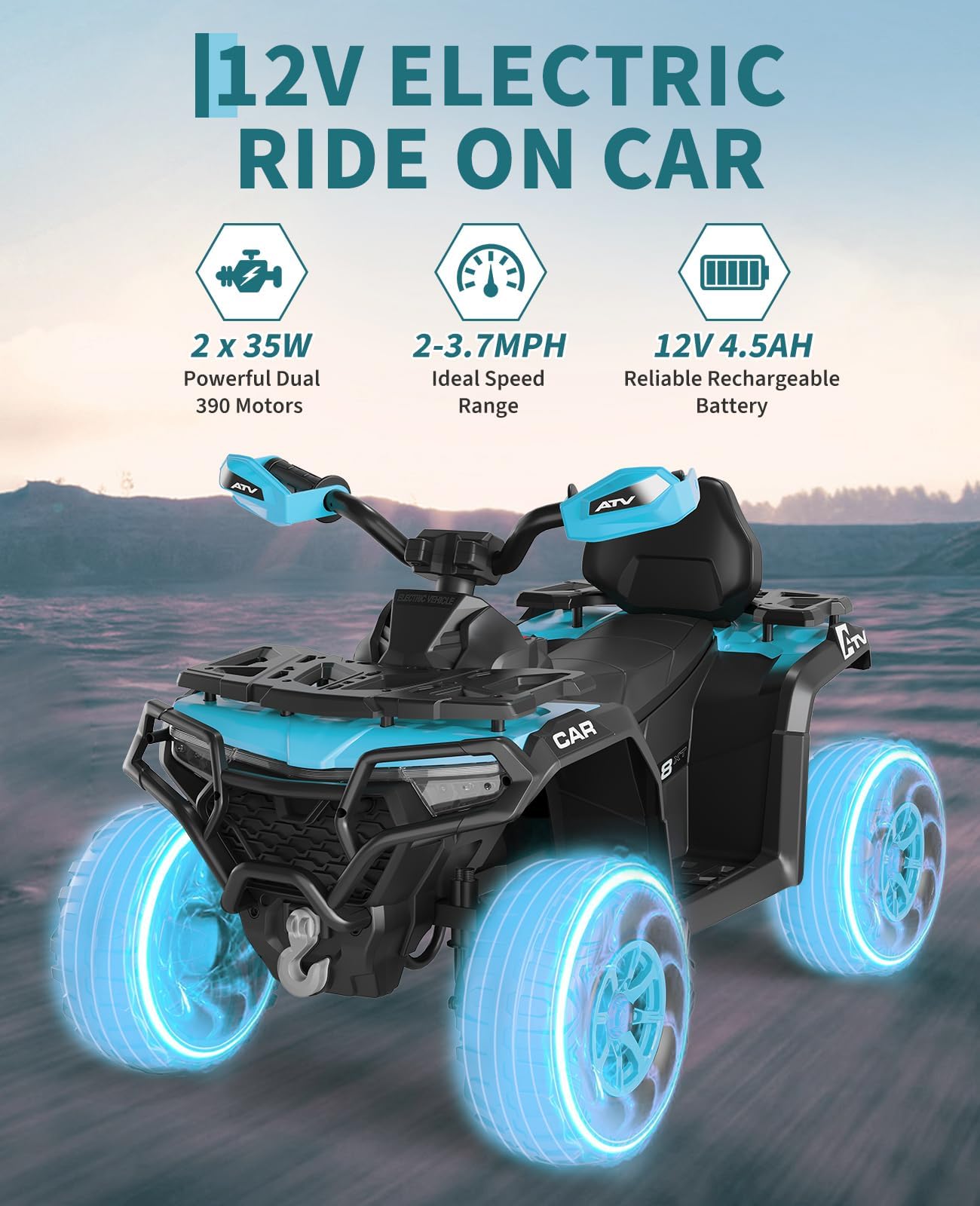 Quad Électrique Enfant 12V avec Télécommande - ATV 4x4 Tout Terrain pour Enfants 3-6 Ans, Double Moteur Puissant, Batterie 4.5AH, 2 Vitesses, LED, Musique - Cadeau Anniversaire
