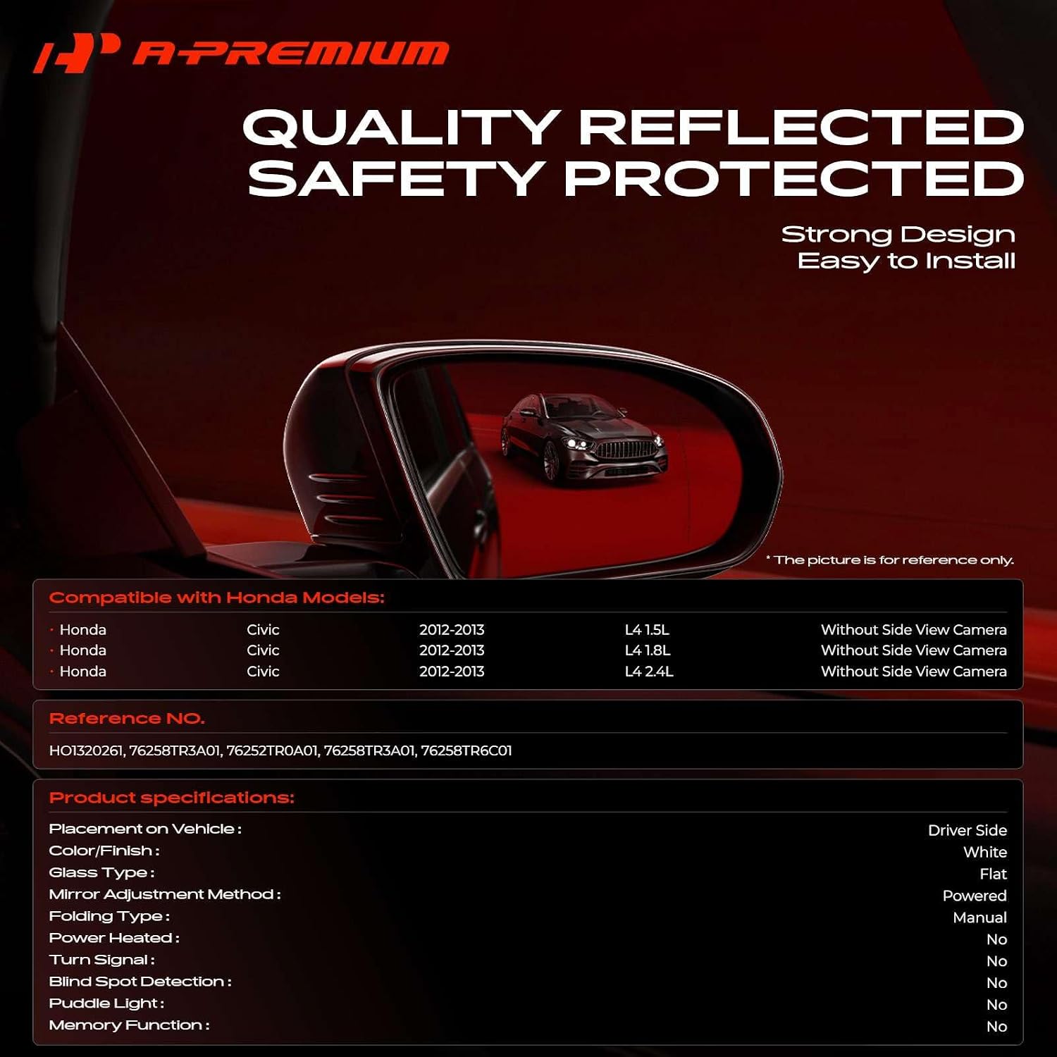 A-Premium Driver Side Power Door Mirror Compatible with Honda image 2