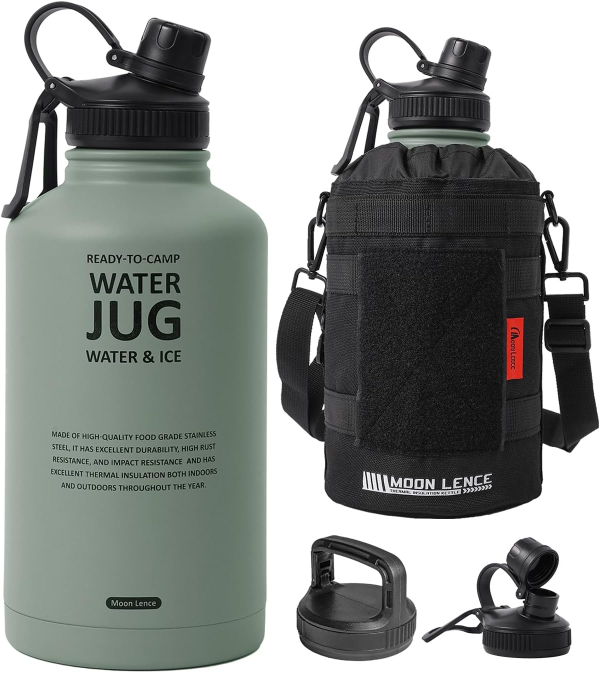MOON LENCE Insulated Water Bottle, 64 oz Battle Water Jug with Molle Sleeve, Stainless Steel Water Bottles with Changeable Lids, Tactical Water Bottle for Camping, Hiking, Gym Green