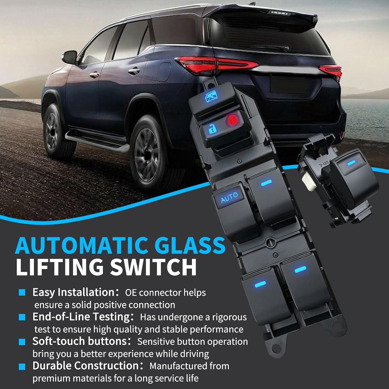 Driver & Passenger Side Window Switch Assembly for 2012 2013 2014 Toyota Camry, Ice Blue LED, Installation Tool Included