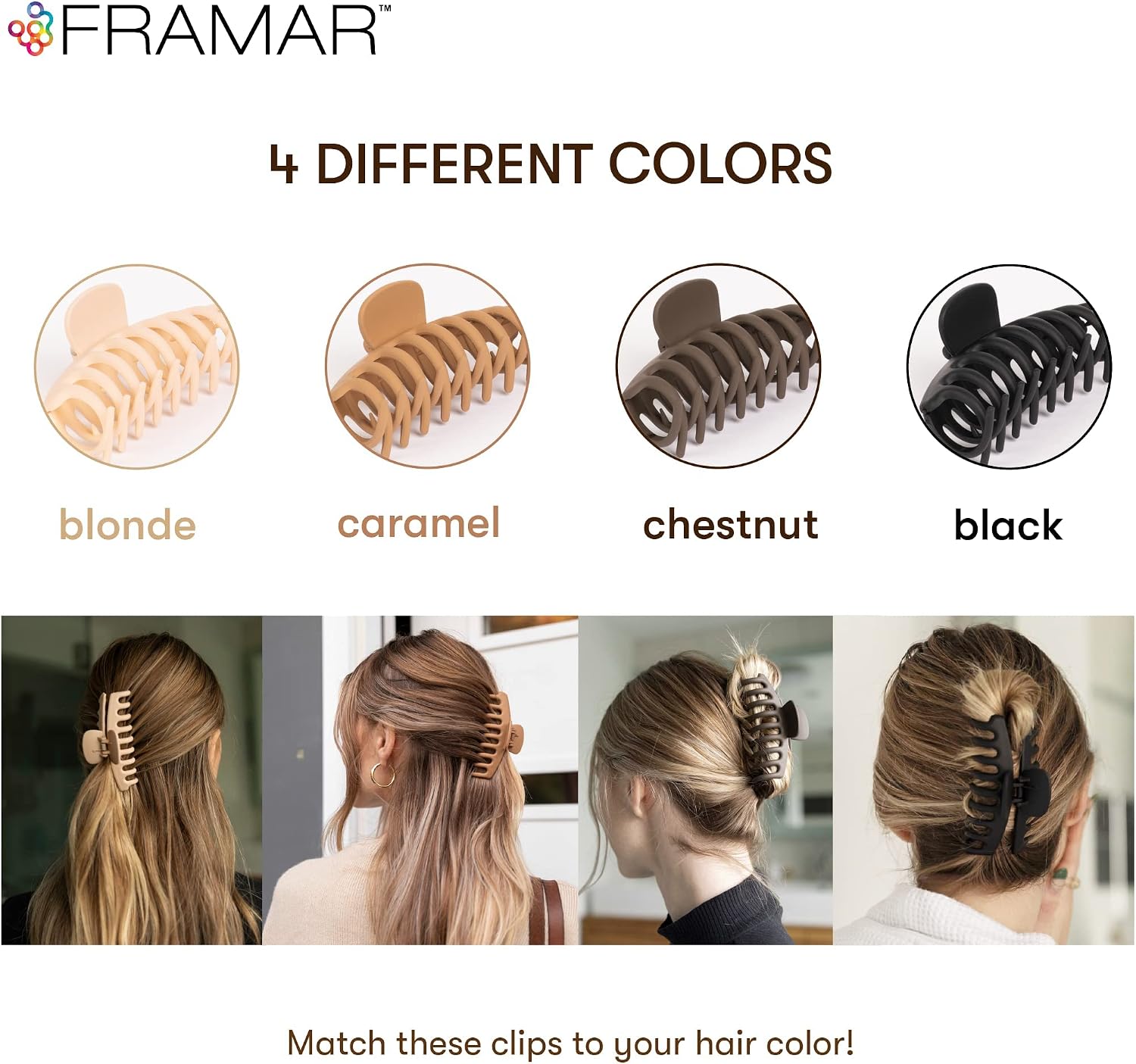 Matte neutral claw clips in beige, brown and cream arranged on a bathroom vanity for easy summer hairstyles