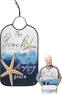 Summer Beach Adult Bibs for Elder Women Men Eating, Blue Ombre Ocean Coastal Starfish Wood Waterproof & Washable Bibs for Eating Clothing Protector Dining Bibs for Crumb Catcher