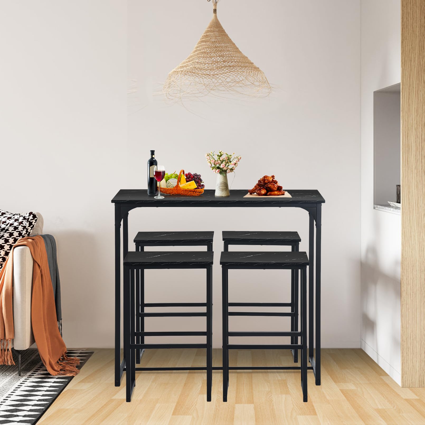 Table de Bar avec 4 Tabourets, Table Haute Cuisine, Table a Manger avec 4 Chaises, Table Haute 100 × 50 × 90 CM, 4 Tabourets 30 × 40 × 65 CM, Noir